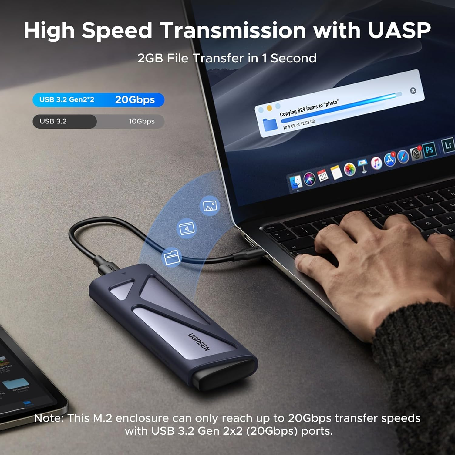 UGREEN 20Gbps M.2 Nvme SATA SSD Enclosure, 8TB USB C External Nvme M.2 Enclosure Compatible with USB 3.2 Gen2X2 Support UASP Trim for M/B+M Key SSD in Size of 2230/2242/2260/2280 image number 6