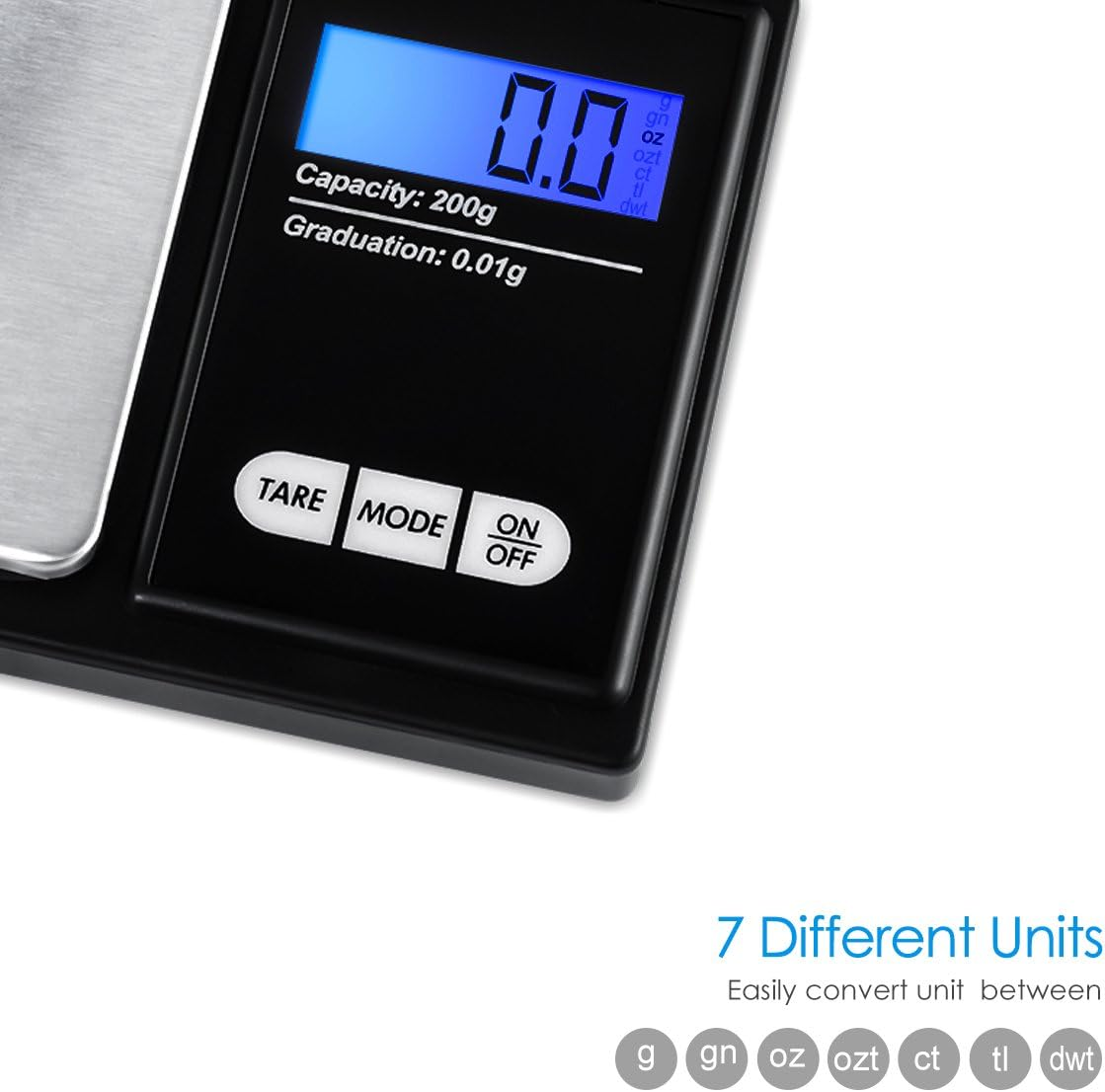 AMIR Digital Mini Scale, 200G 0.01G/0.001Oz Pocket Jewelry Scale, Electronic Smart Scale with 7 Units, LCD Backlit Display, Tare Function, Auto Off, Stainless Steel & Slim Design (Battery Included) image number 6