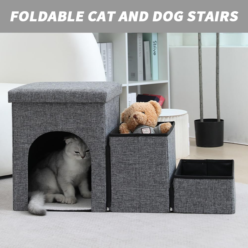 TOMVAES Dog Stairs for Bed, Pet Steps for Small Dogs and Cats, Portable Heavy-Loaded Dog Steps with Storage Box 3-Step to Couch,Doggie Car Ramp for Older Dogs