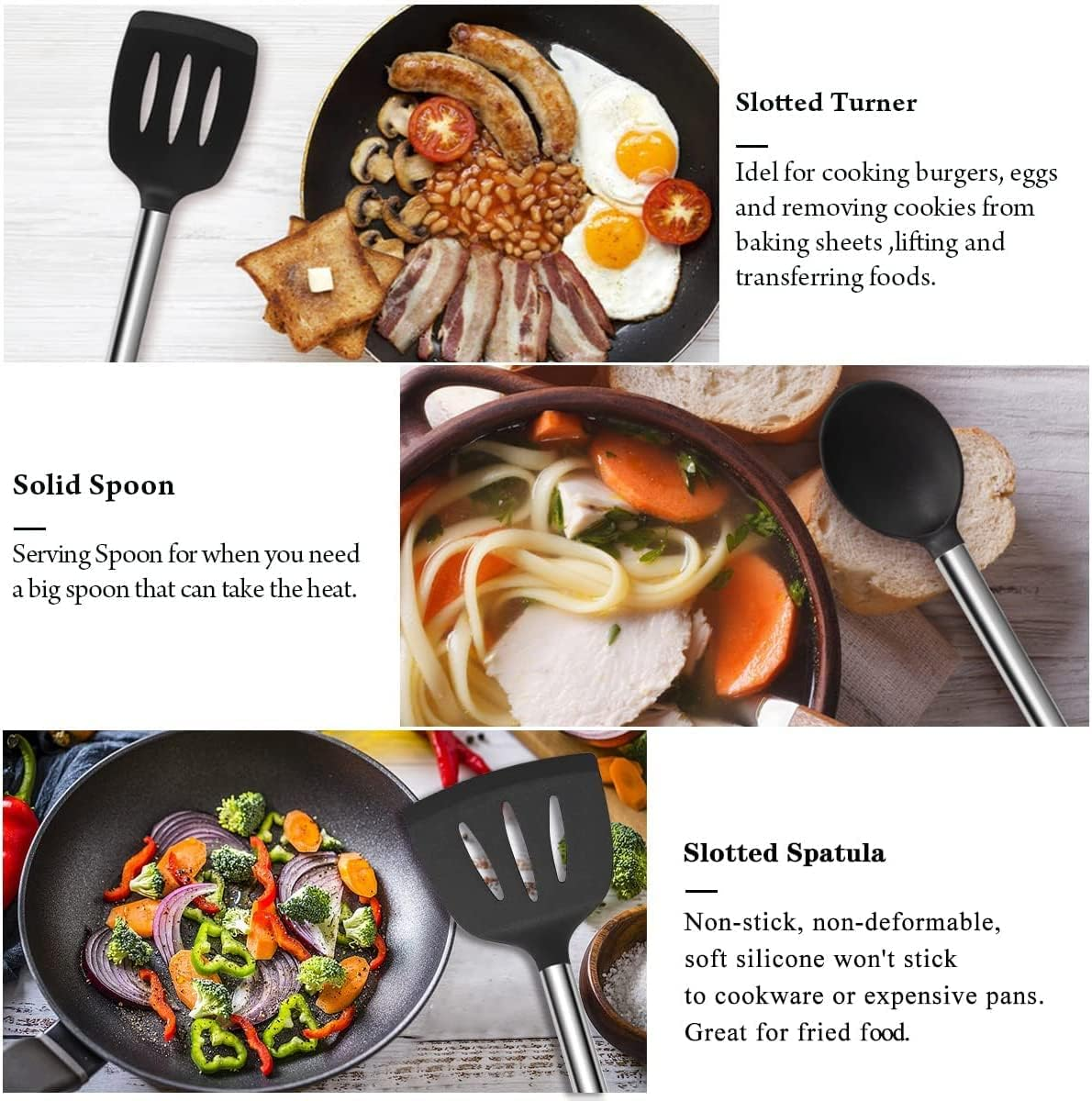 Kitchen Utensil Set Silicone Cooking Utensils Kitchen Gadgets Spoons for Nonstick Cookware-Silicone and Stainless Steel Spatula Set Best Kitchen Tools Useful Pots and Pans Accessories image number 2