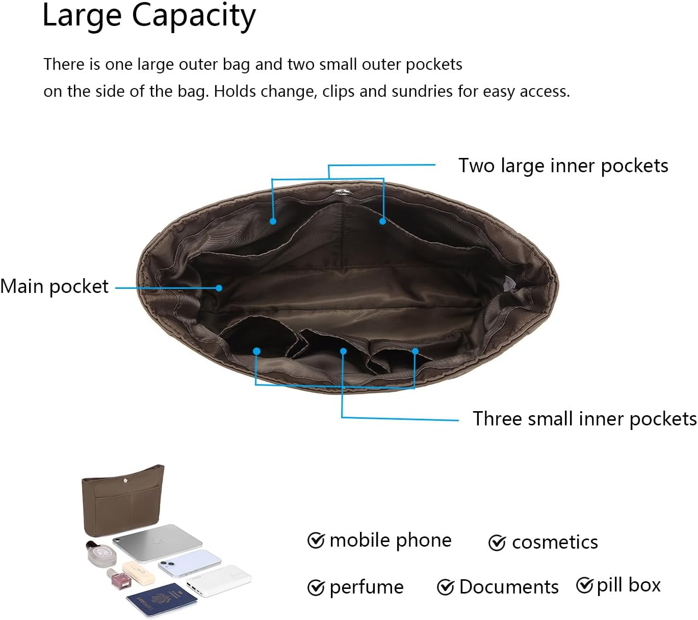 YONEBN Waterproof Storage Bag Lightweight Large Capacity Nylon Bag Inner Bag Handbag Organizer, Nylon/Brown, Simple - Nylon/Army Green image number 3