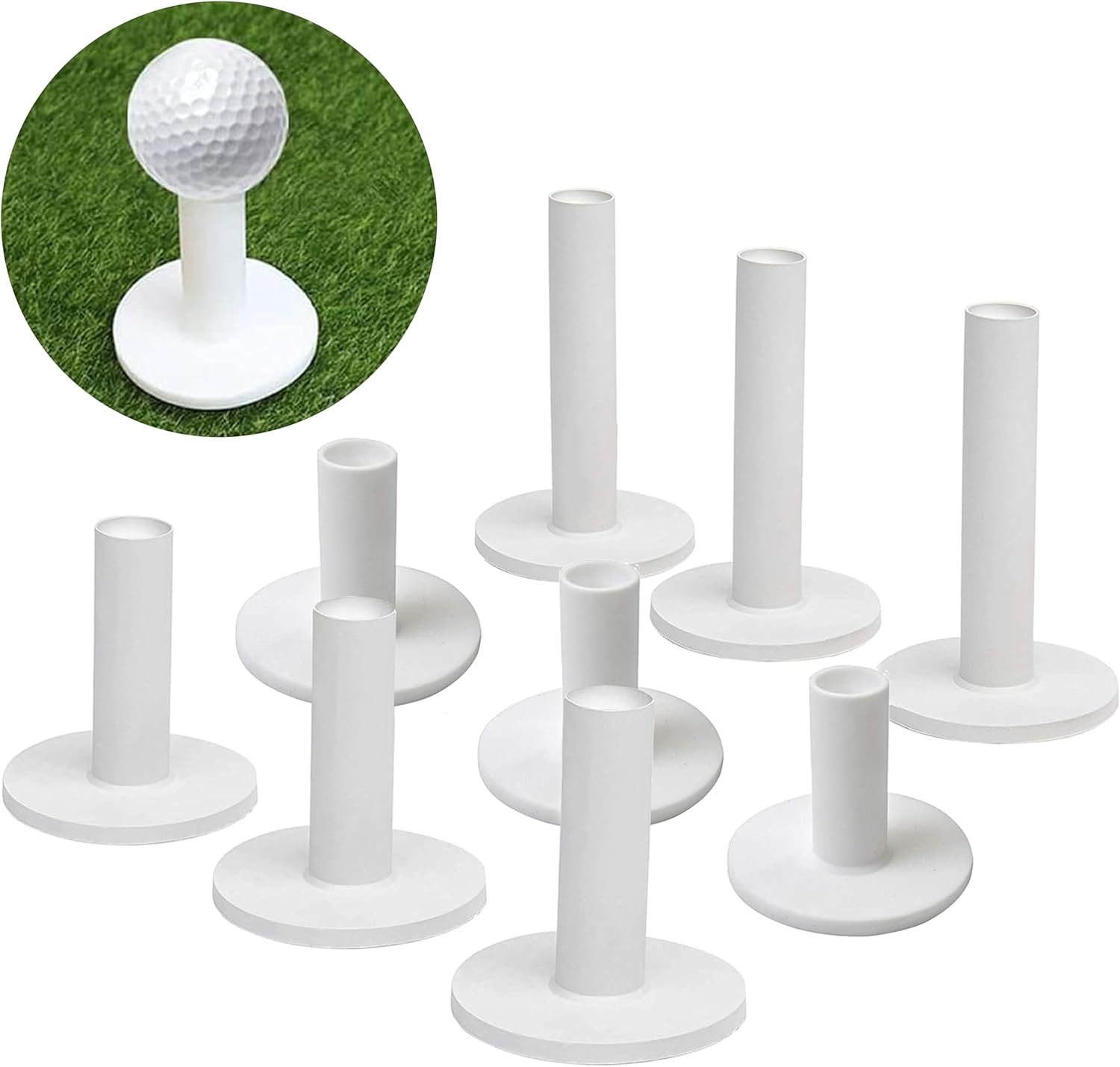 9 Pcs White Golf Rubber Tees for Practice and Driving Range,3X of 1.5", 2.28" and 3.46" Tees,Suitable for Indoor Outdoor Backyard