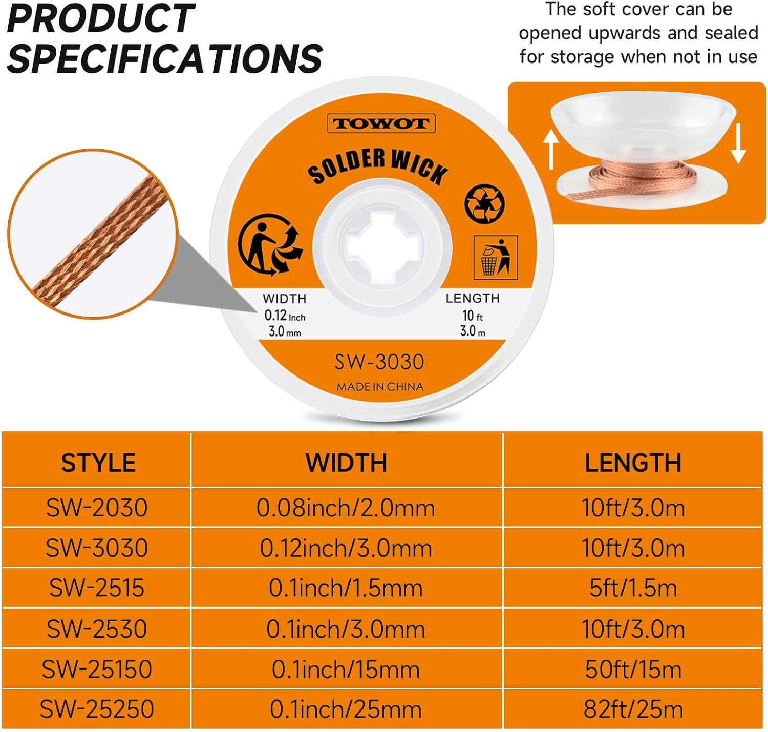 TOWOT Solder Wick Braid with Flux No-Clean Electronic, Desoldering Wick Braid Remover.Desolder Soldering 2.5Mm W 0.10'' L 5'