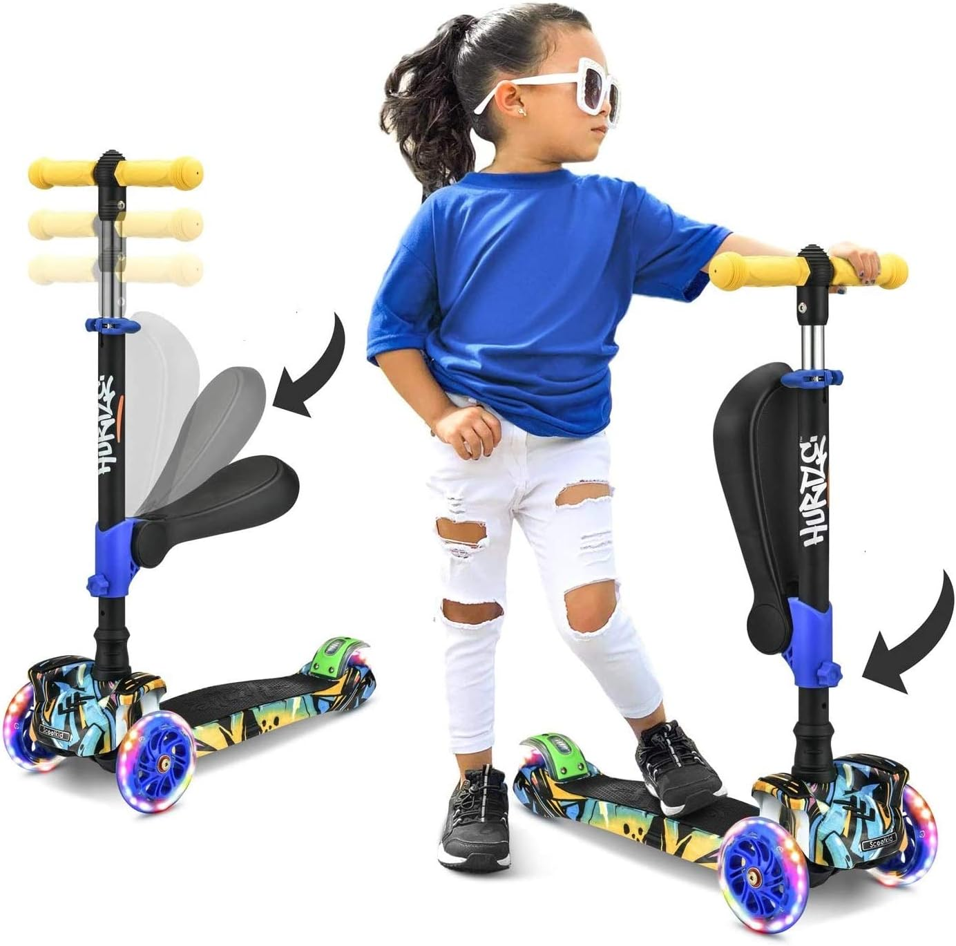 Hurtle 3-Wheeled Scooter for Kids - Wheel LED Lights, Adjustable Lean-To-Steer Handlebar, and Foldable Seat - Sit or Stand Ride with Brake for Boys and Girls Ages 1-14 Years Old
