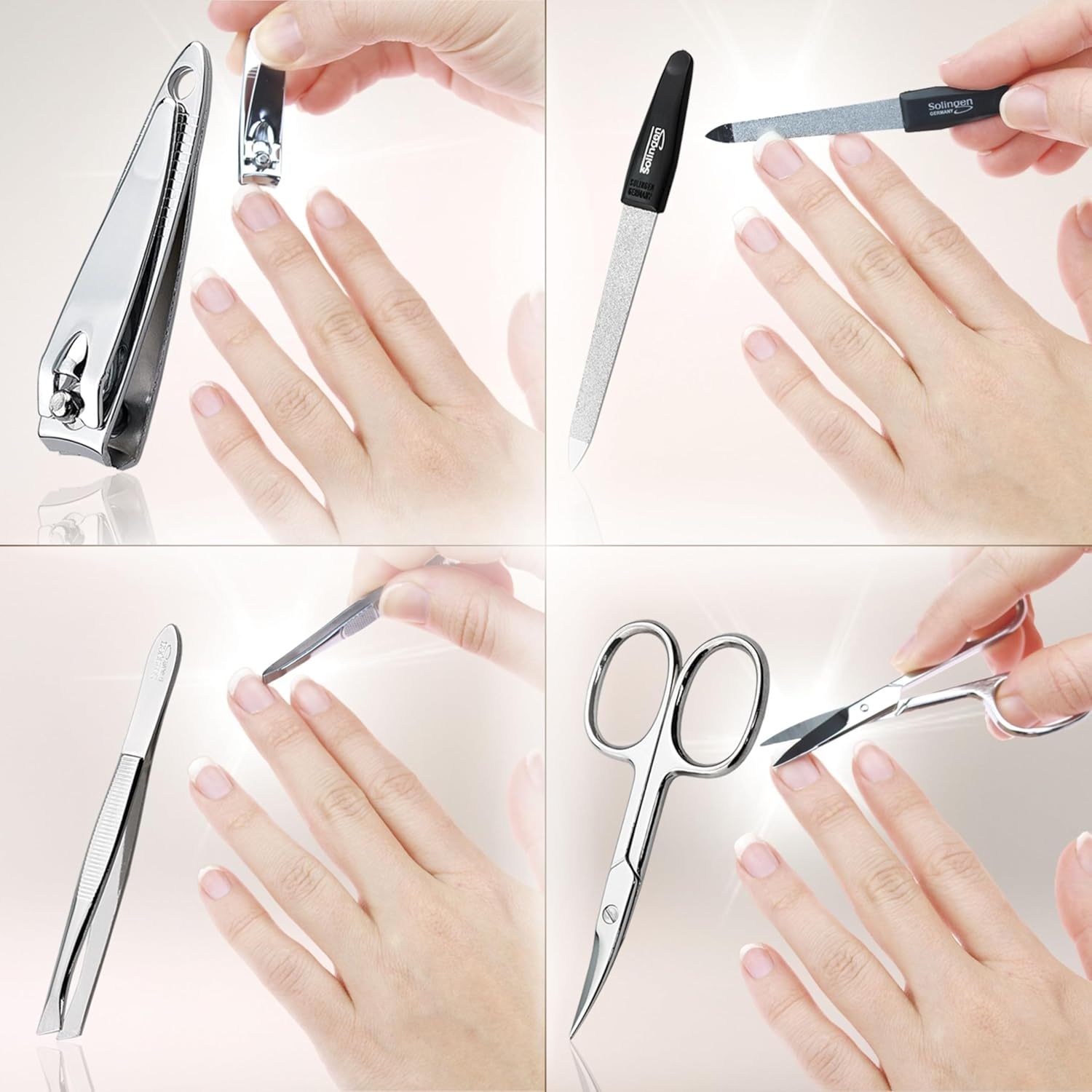 Solingen Manicure Set for Women and Men - 4-Piece Nail Kit, Comprising Sharp Scissors, Tweezers, Nailclippers, and Sapphire Nailfile - Ideal for Travelling, Black