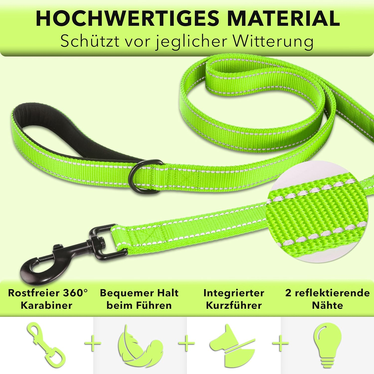 AVANA Reflective Dog Lead with Integrated Short Lead, 2 Hand-Friendly Padded Hand Loops, 1.5 M Long Reflector Nylon Lead for Large and Medium Dogs, Neon Green - Neon Green image number 5