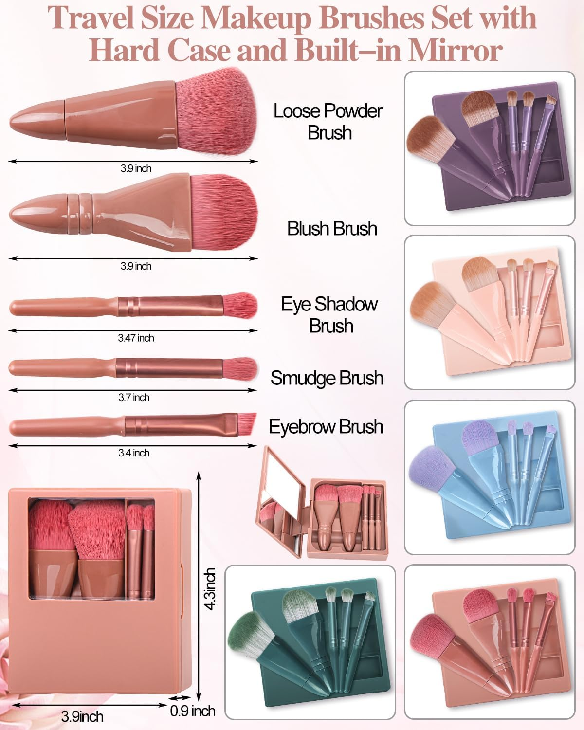 PGRODE Travel Size Makeup Brushes Mini Set with Hard Case and Built-In Mirror, 5Pcs Small Cosmetic Brushes, on the Go Brush Travel Essentials Kits for Women, Girls Gift (Dark Purple) - Light Pink image number 5