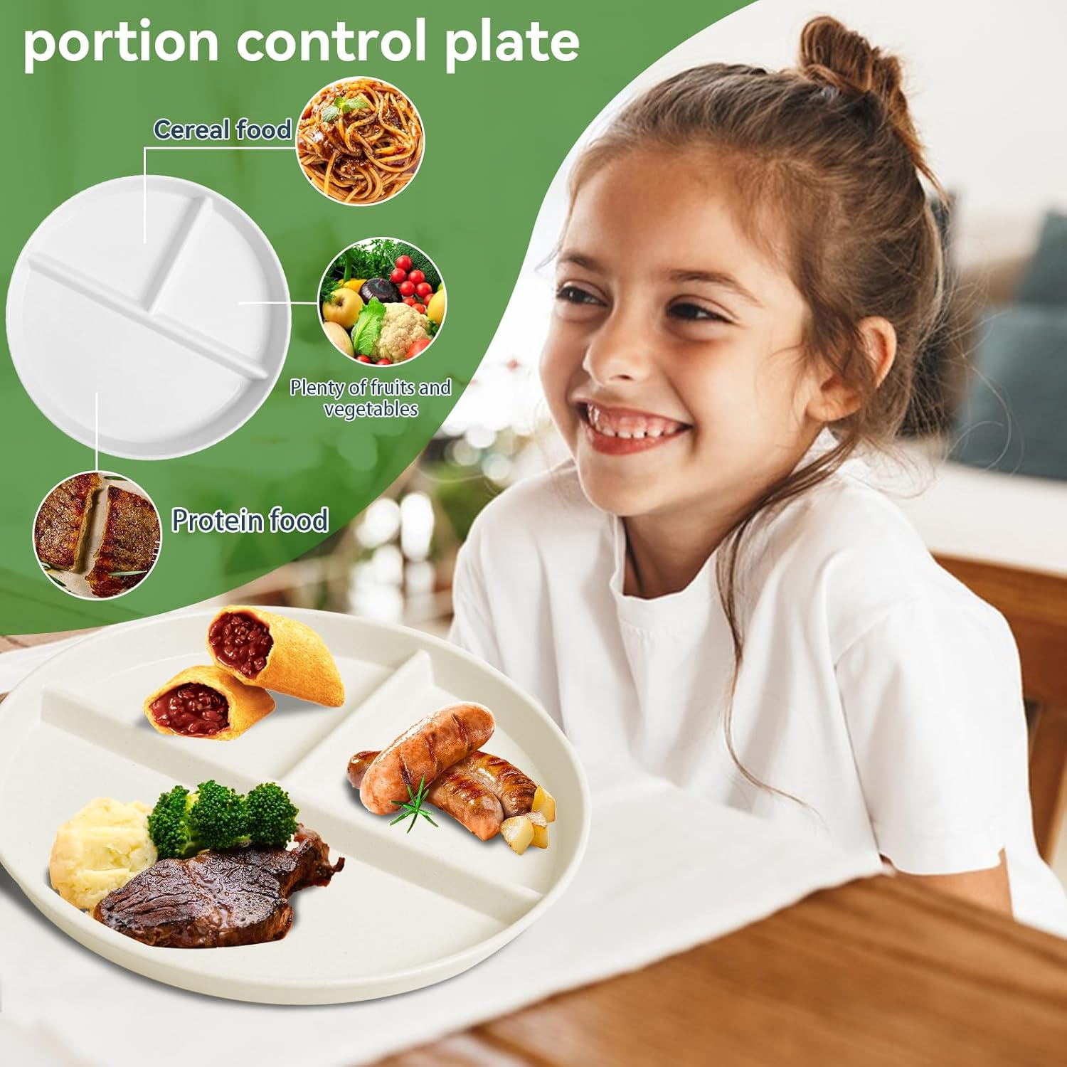 WAYGYMBBD Unbreakable Divided Plates for Kids Adults 9 Inch 5Pcs，Round Portion Control Plate,3 Compartment Plates with Dividers，Microwave and Dishwasher Safe image number 6