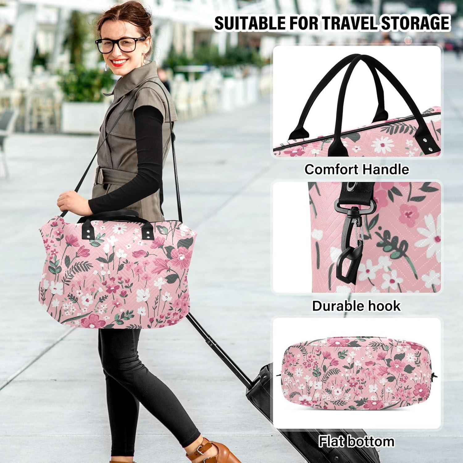 Luggage Travel Bag Overnight Bag Trendy Floral Mid Century Modern Tote Bag with Adjustable Strap for Gym Waterproof, Trendy Seamless Floral Mid Century Modern, Set of 2, Art Deco