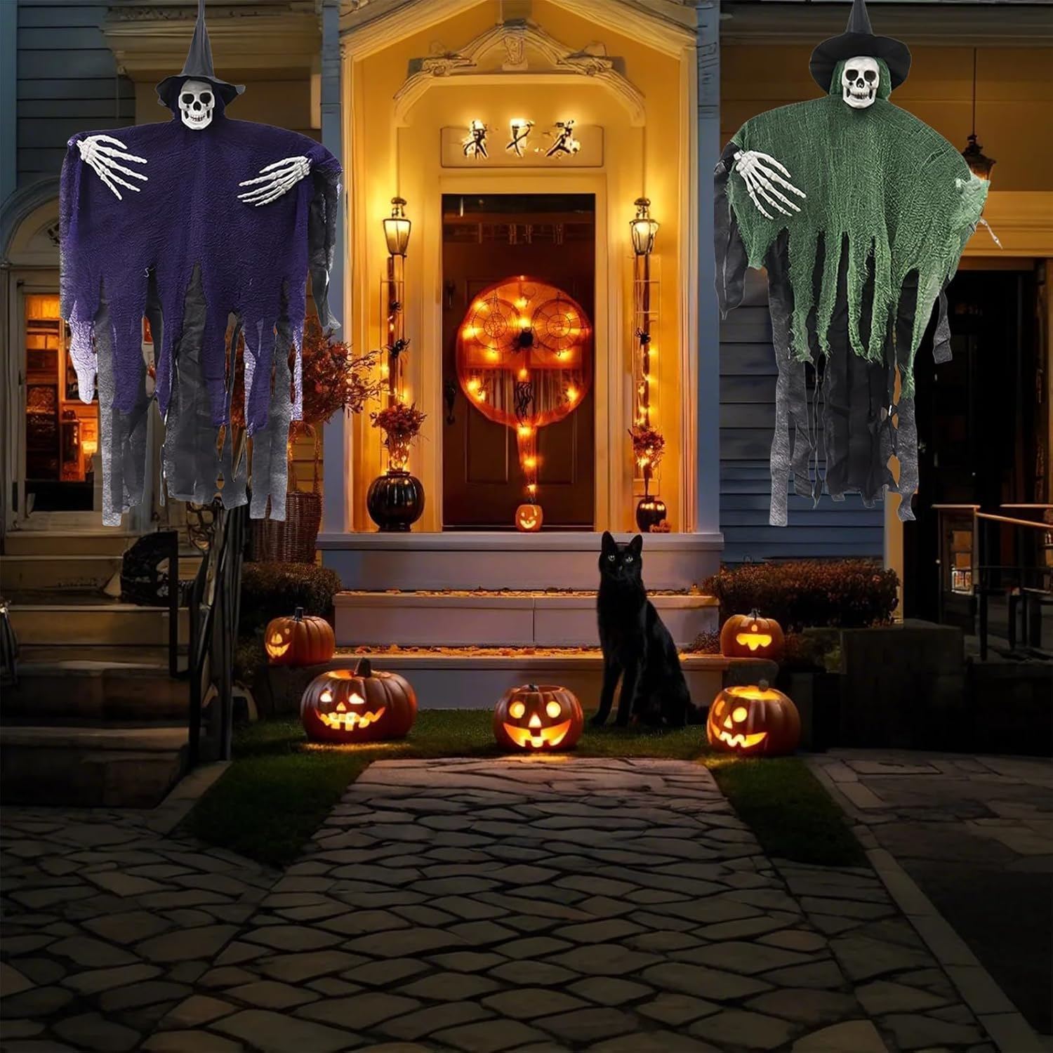 Halloween Decorations Outdoor, 2 Pack Halloween Hanging Witch, 41Inch Hanging Skeleton Ghost,Scary Flying Ghost with Wizard Hat for Haunted House Decor, Patio Porch Skull Prop (Purple+Green) image number 5