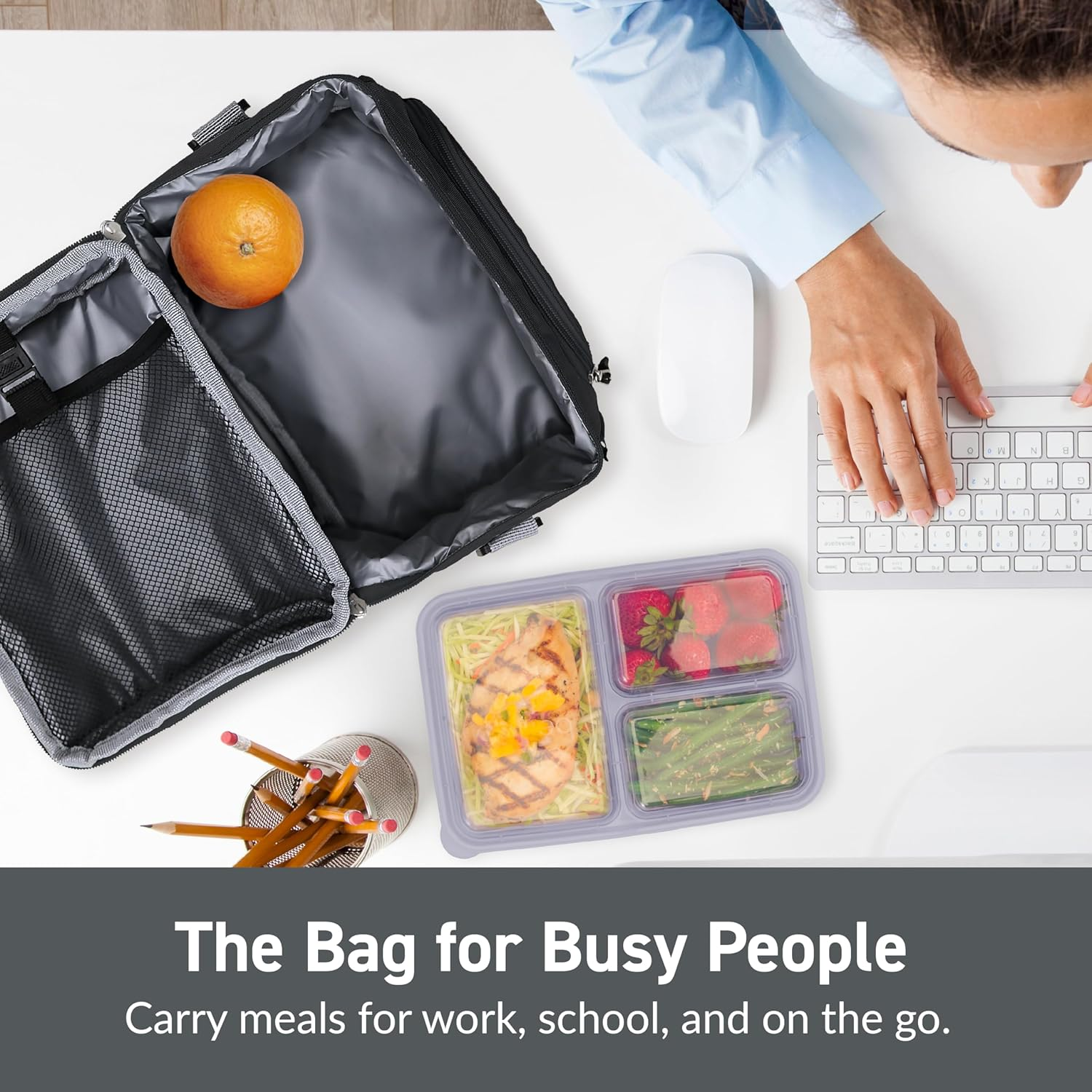 Bentgo&reg; Deluxe Lunch Bag - Durable and Insulated Lunch Tote with Zippered Outer Pocket, Internal Mesh Pocket, Padded & Adjustable Straps, & 2-Way Zippers - Fits Most Lunch Boxes (Carbon Black) - Carbon Black image number 6