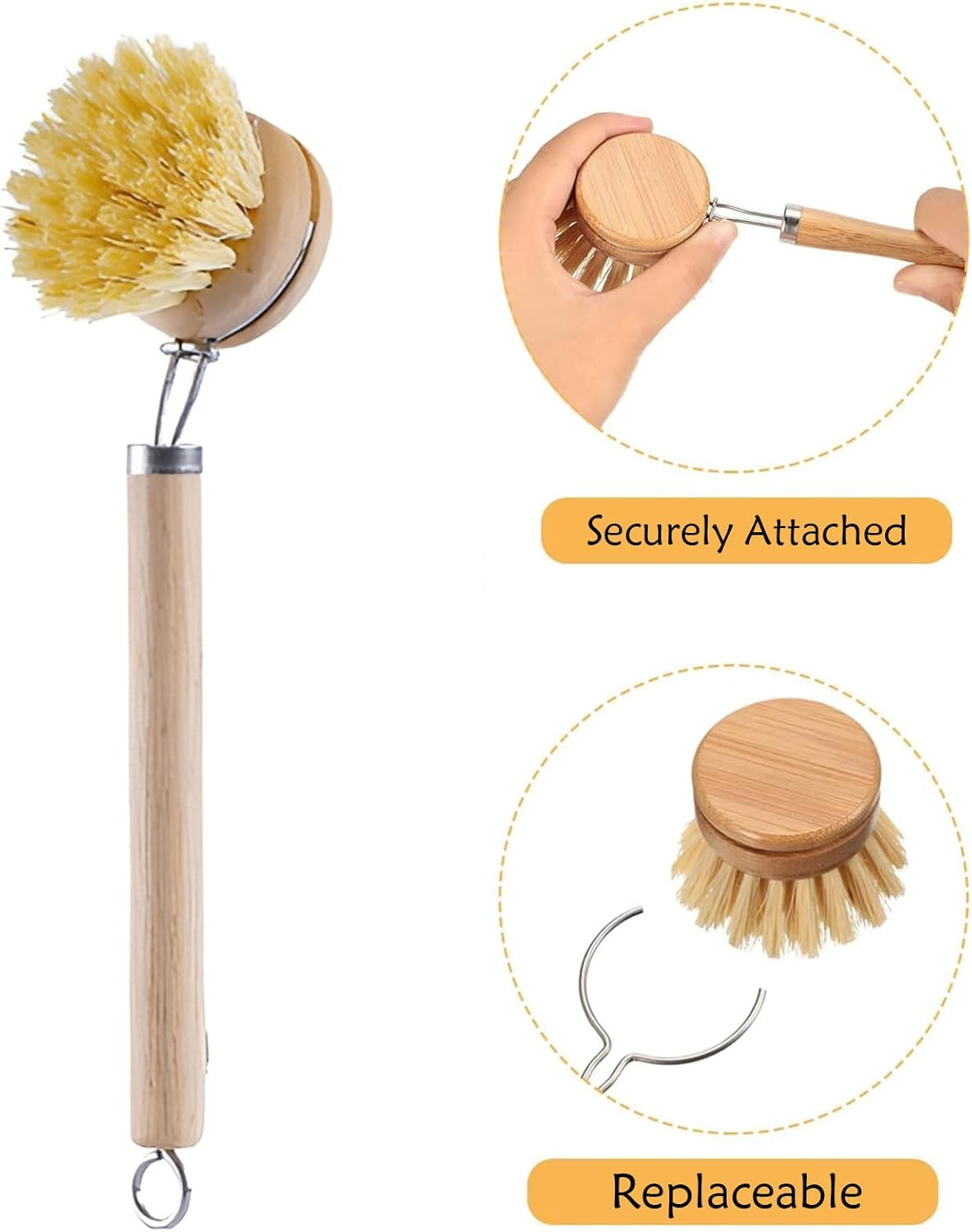 5 Pcs Dish Brush,Natural Sisal Pot Brush,Kitchen Wooden Handle Brush - Replaceable Head Soft Hair Non-Stick Pot Brush,Pot Brush for Cleaning Kitchen Utensils