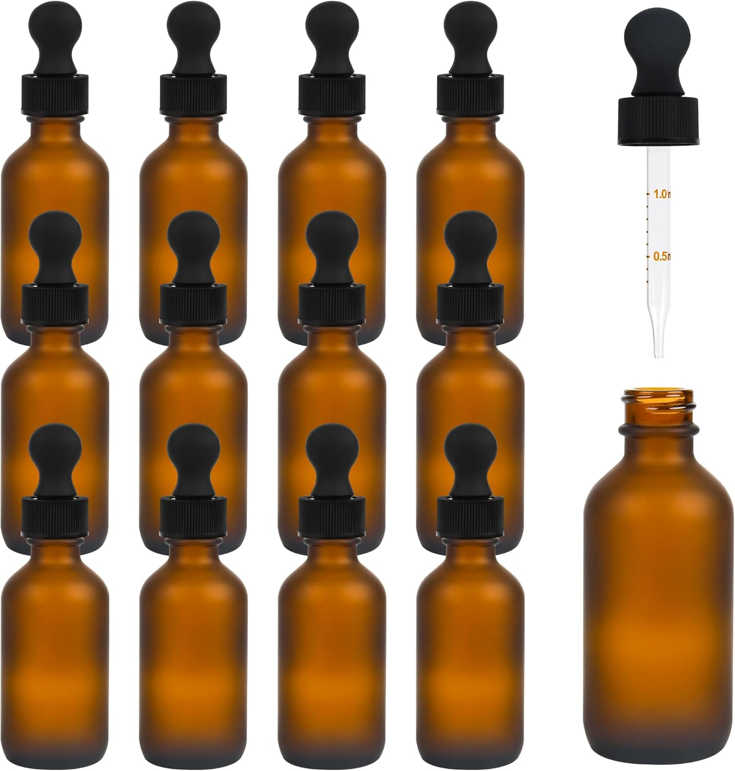 12 Pack Frosted Amber Dropper Bottles, 2Oz/60Ml Glass Tincture Bottles with Measured Eye Dropper, Leak Proof Travel Bottles for Essential Oils/Chemistry Lab Chemicals/Colognes & Perfumes image number 3