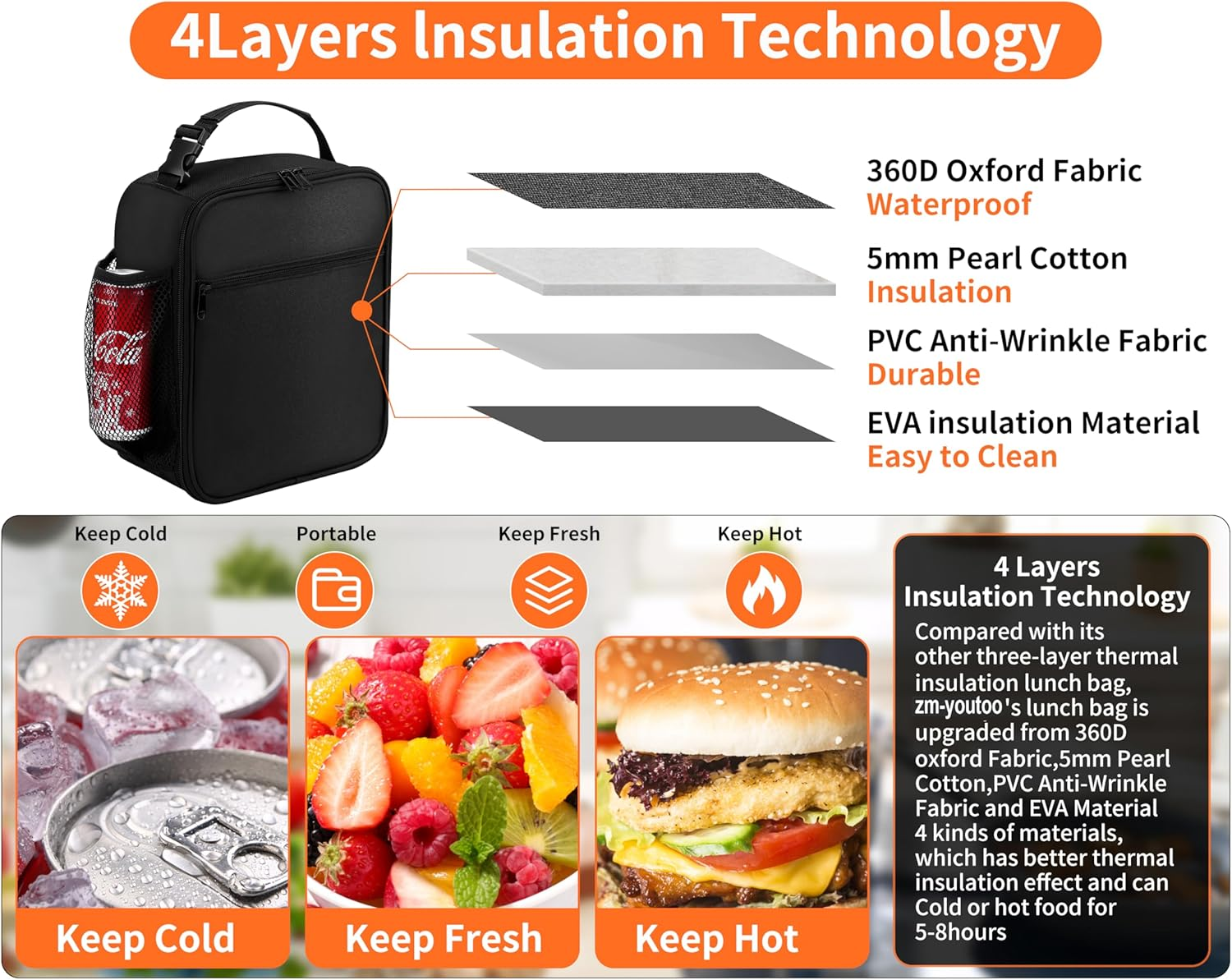 Insulated Lunch Bag - Reusable Lunch Box - Insulated Lunch Container Cooler Bag for Women&Men&Kid Office Work School Picnic Hiking (Black) - Beige image number 5