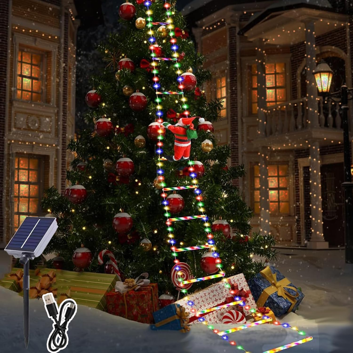 Christmas Decorations Outdoor，Led Christmas Lights 3M USB Solar Christmas Decor Ladder Lights with Santa Claus, Christmas Decorations Lights for Indoor Outdoor, Window, Garden, Wall (Colorful) image number 5