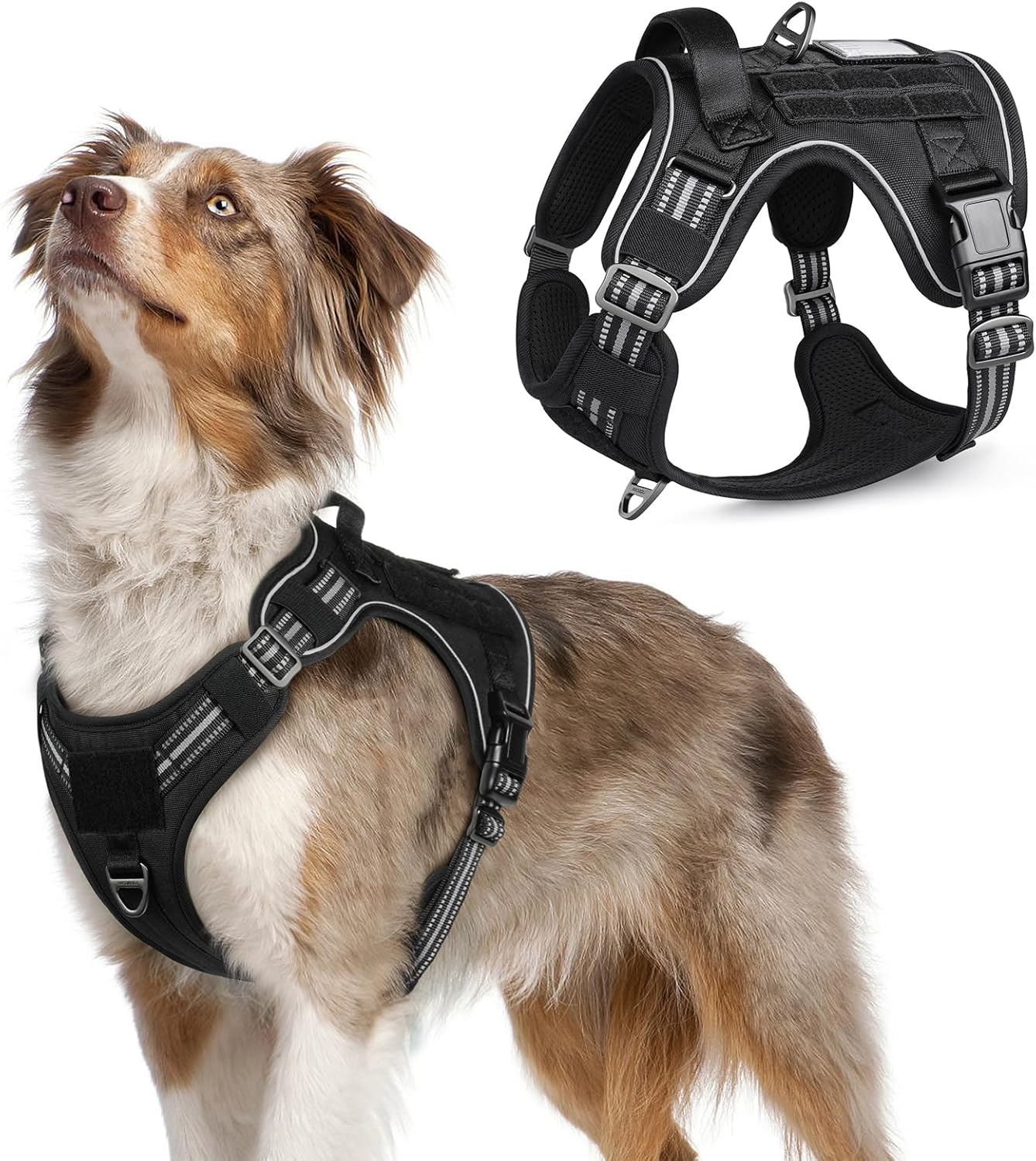 Rabbitgoo Tactical Dog Harness No Pull for Large Dogs, Military Dog Vest with Handle & Molle, Easy Control Service Dog Harness for Dogs Training Walking, Adjustable Reflective Pet Harness, Black, L