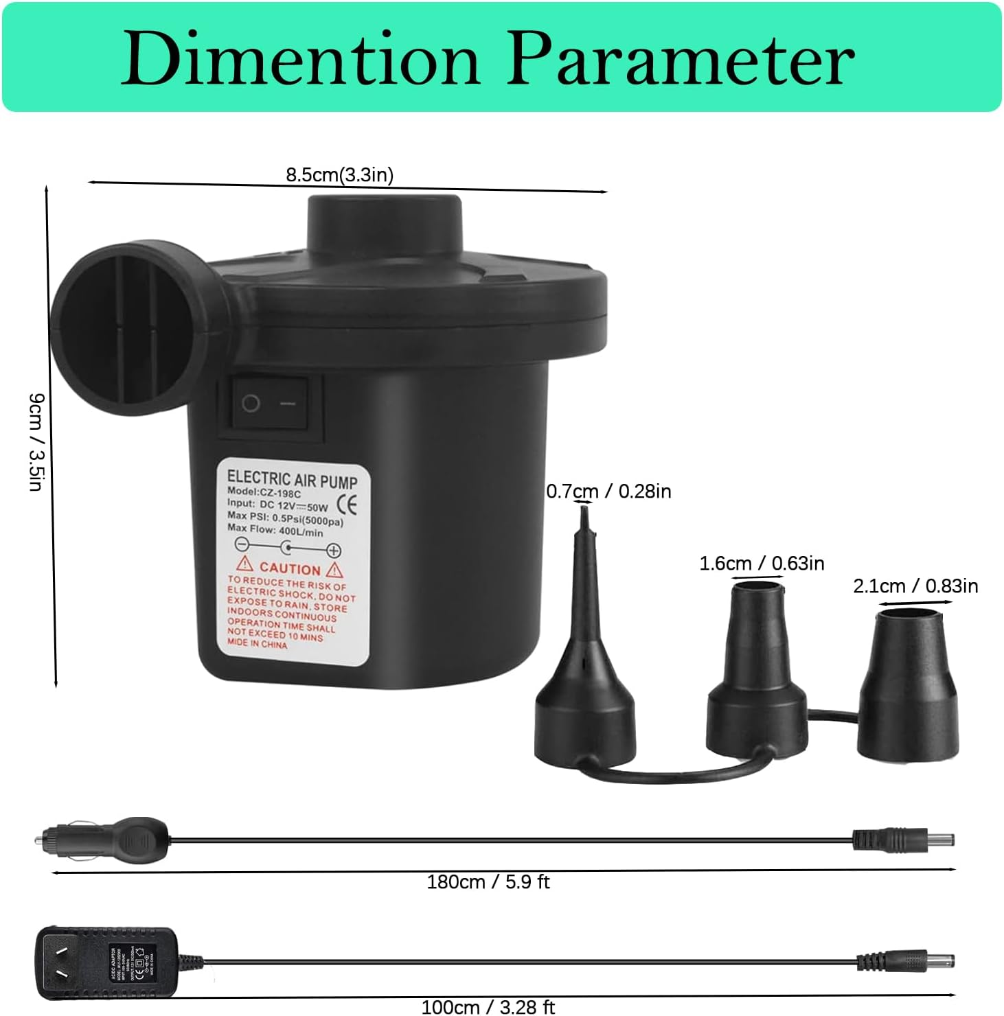 Electric Pump for Inflatables with 3 Nozzles, AC 110-240V/DC 12V 50W High Power Electric Air Pump for Air Bed Mattress Couch Inflatables Paddling Pool Beach Toys, Fill Inflator Deflator image number 2