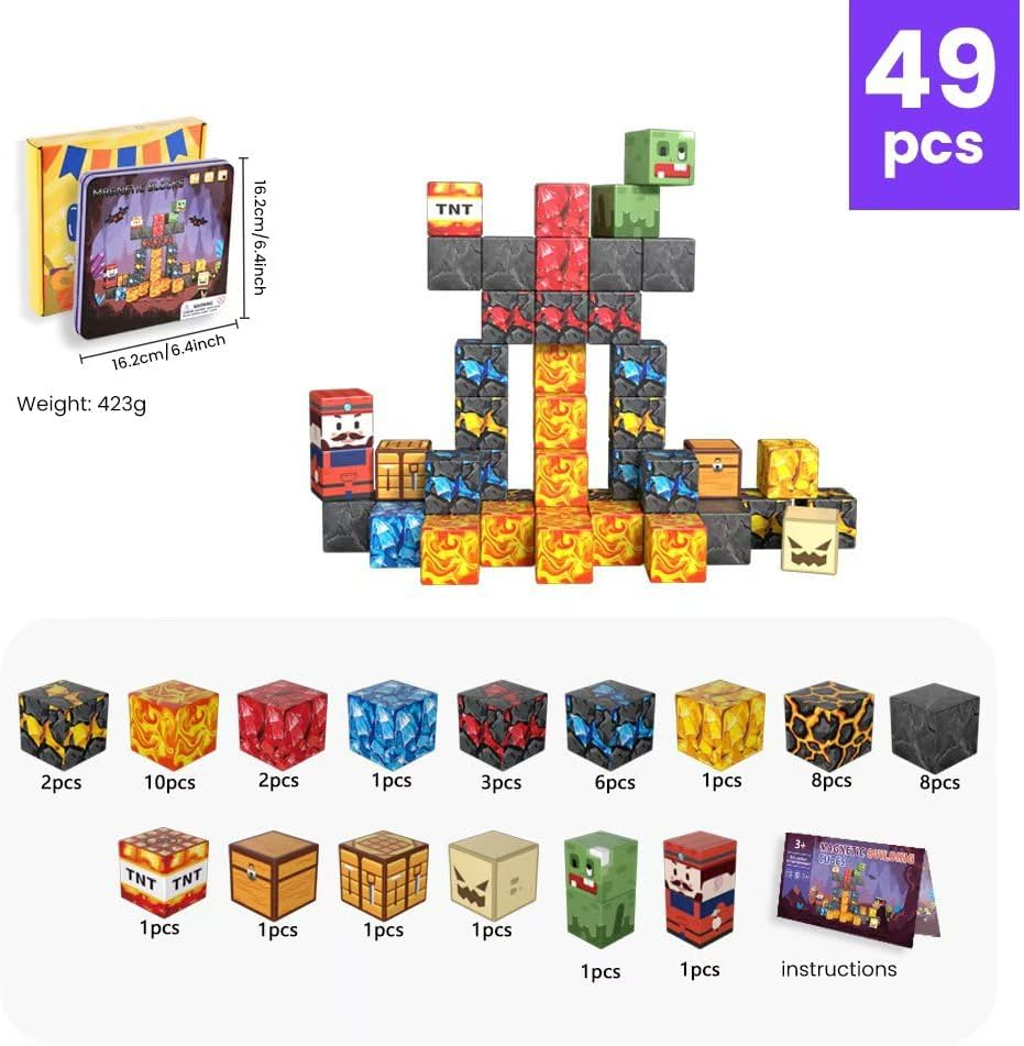Portable Magnetic Blocks - with Iron Box,49Pcs Adventure Themed Magnetic Tiles,Build Mines Cave World Set,Travel Magnet Building Block,Travel Toys, STEM Constructiontoys for Boys & Girls Ages 3+ image number 5
