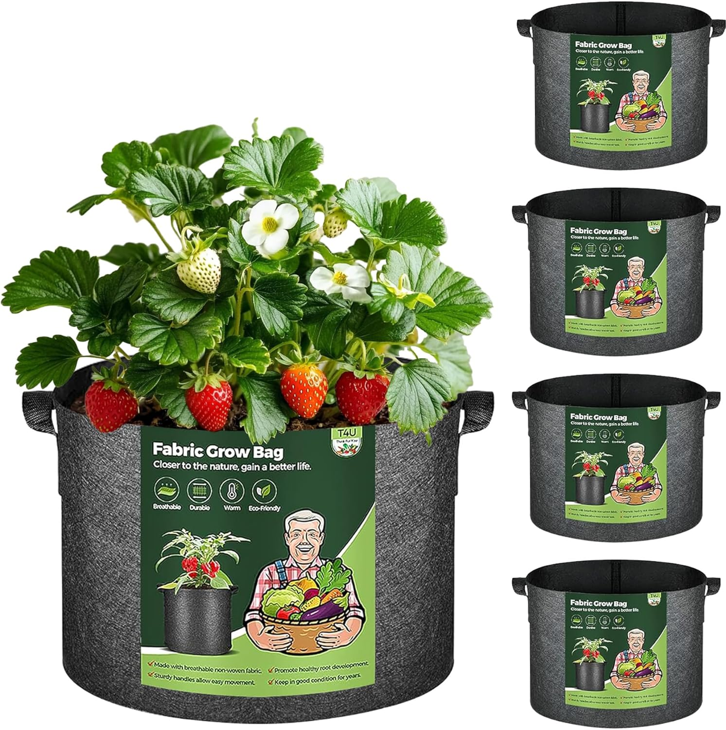T4U Fabric Plant Grow Bags with Handle 10 Gallon Pack of 5, Heavy Duty Nonwoven Smart Garden Pot Thickened Aeration Nursery Container Black for Outdoor Potato, Tomato, Chili, Carrot and Vegetables image number 1