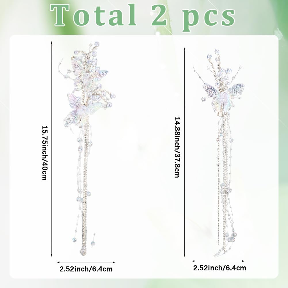 CABODYALS Set of 2 Butterfly Tassels Hair Clips with White Pearls Rhinestone Crystal Beads Decorative Hair Pins for Weddings Hair Clips Jewellery Set for Women Bridal Shower Wedding Dresses Cosplay image number 3