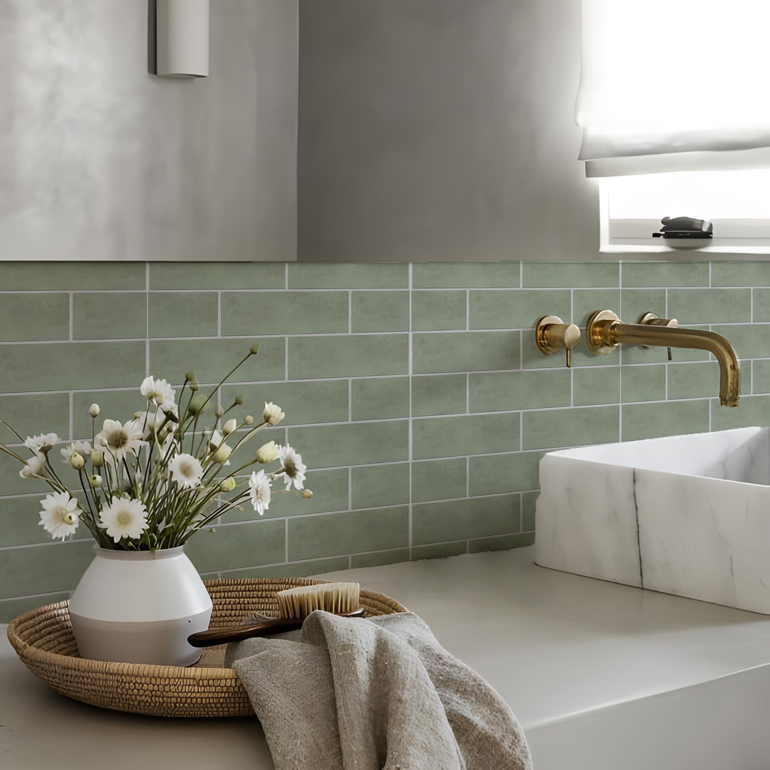 Alwayspon Tile Sticker, Sage Green Brick Self Adhesive Stick on Tiles Transfer Sticker for Bathroom Kitchen, Splashback, Peel and Stick Vinyl Floor Wall Tiles Sticker, 10Pcsx20Cm/8Inch image number 1