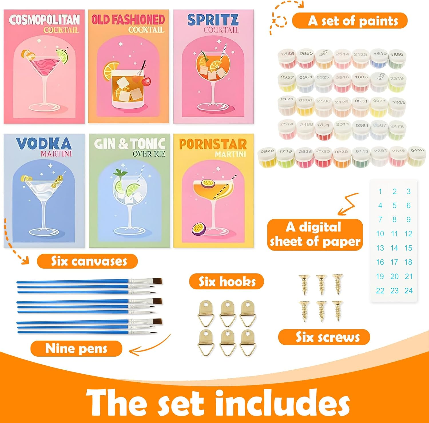 Fwqofvk 6 Packs Oil Painting Set by Numbers with Brush and Acrylic Paint, Linen Canvas Cocktail Theme Painting for Home Decor Present for Art Lover 37.5&times;27.5 Cm (Style 2)