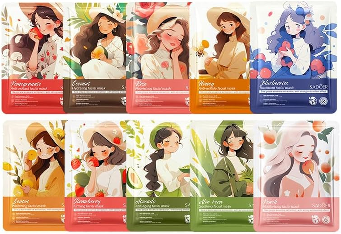 10Pcs Botanical Fruit Whitening, Anti-Wrinkle Facial Mask, Hydrating, Brightening, Nourishing image number 2