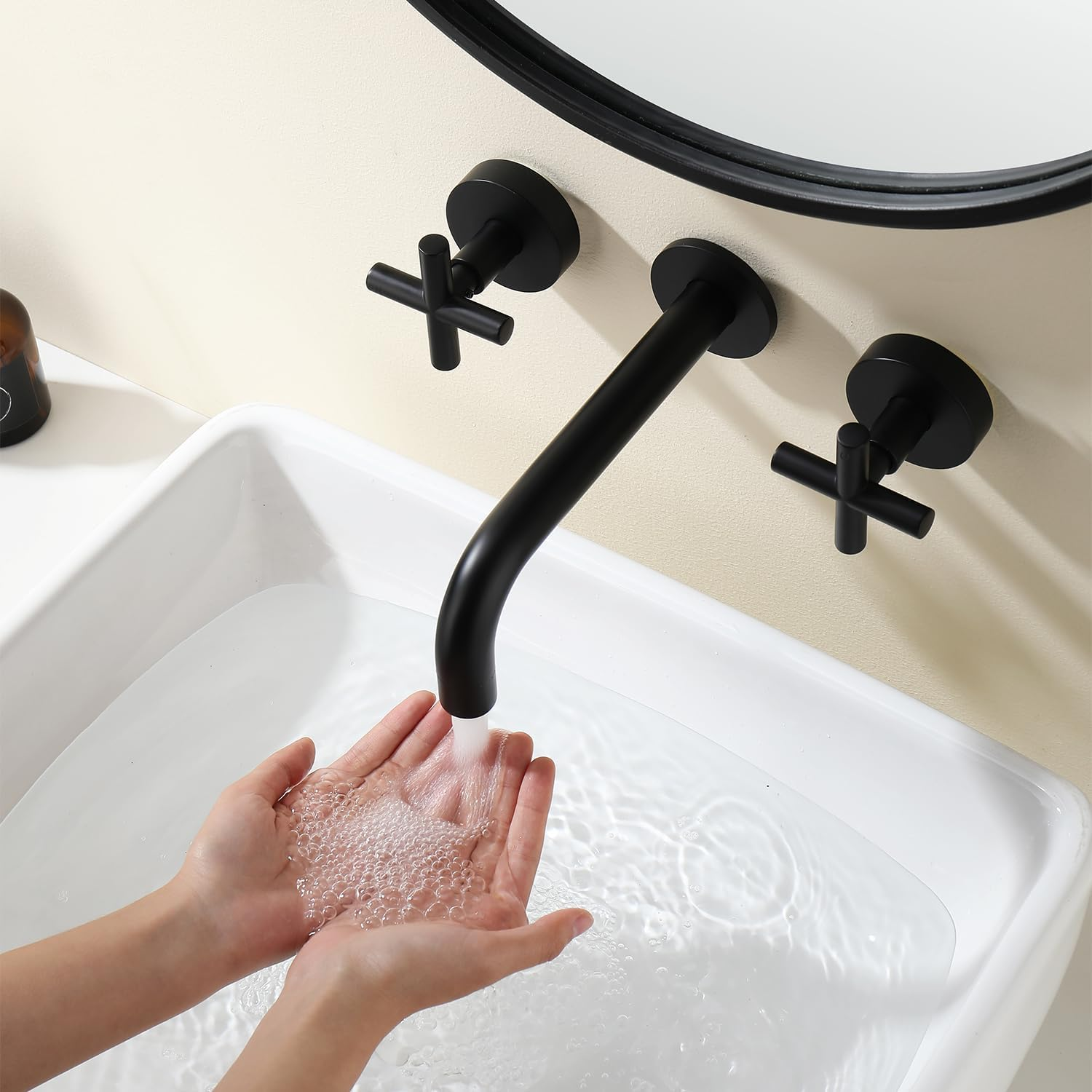 Decaura Bathroom Wall Sink Tap Set Cross Handles Basin Bath Spout Vanity Spa Bathtub Water Outlet with 1/4 Turn Twin Tap Set Brass (Matt Black) - Matt Black image number 5