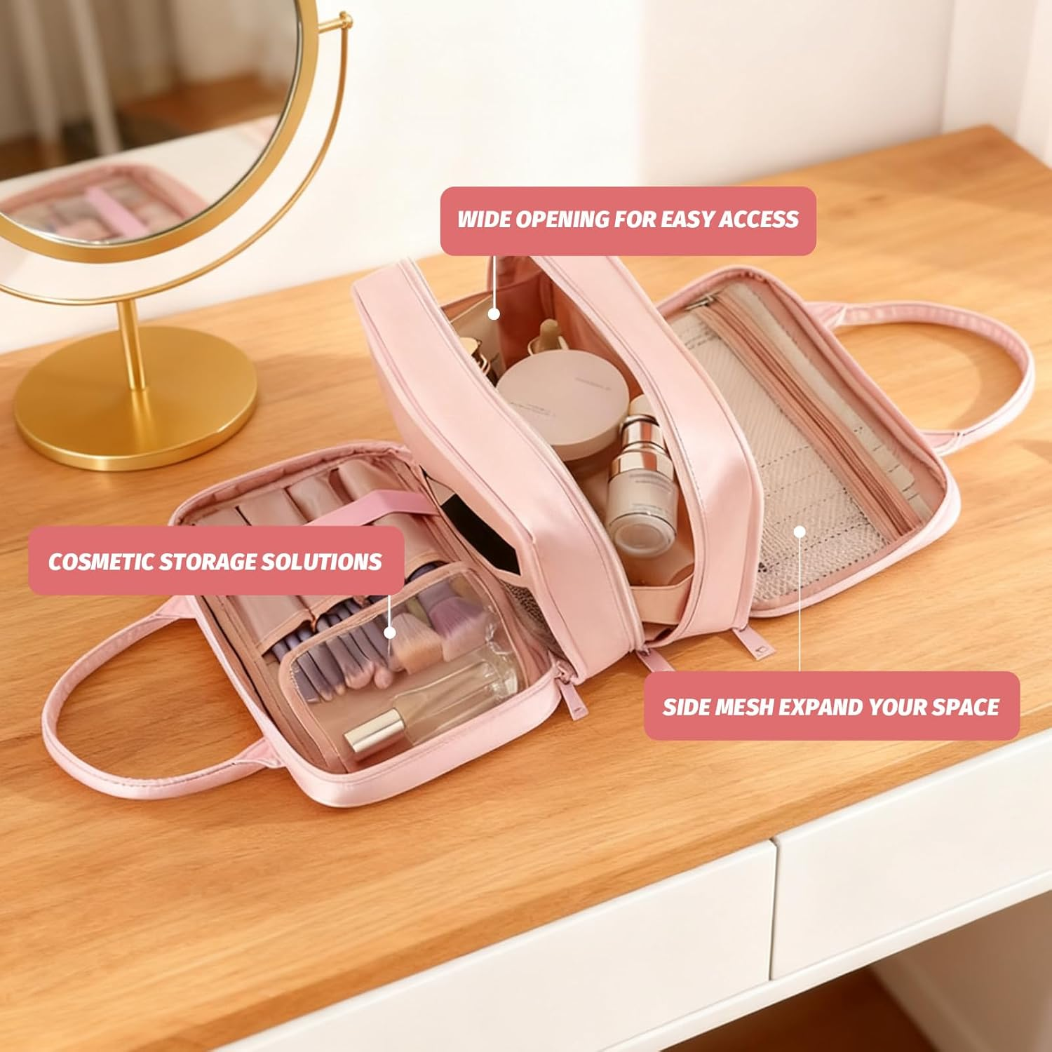 Makeup Bag for Women, Cute Travel Cosmetic Bag, Small Toiletry Pouch with Multiple Internal Pockets, College, Office（Pink） image number 4