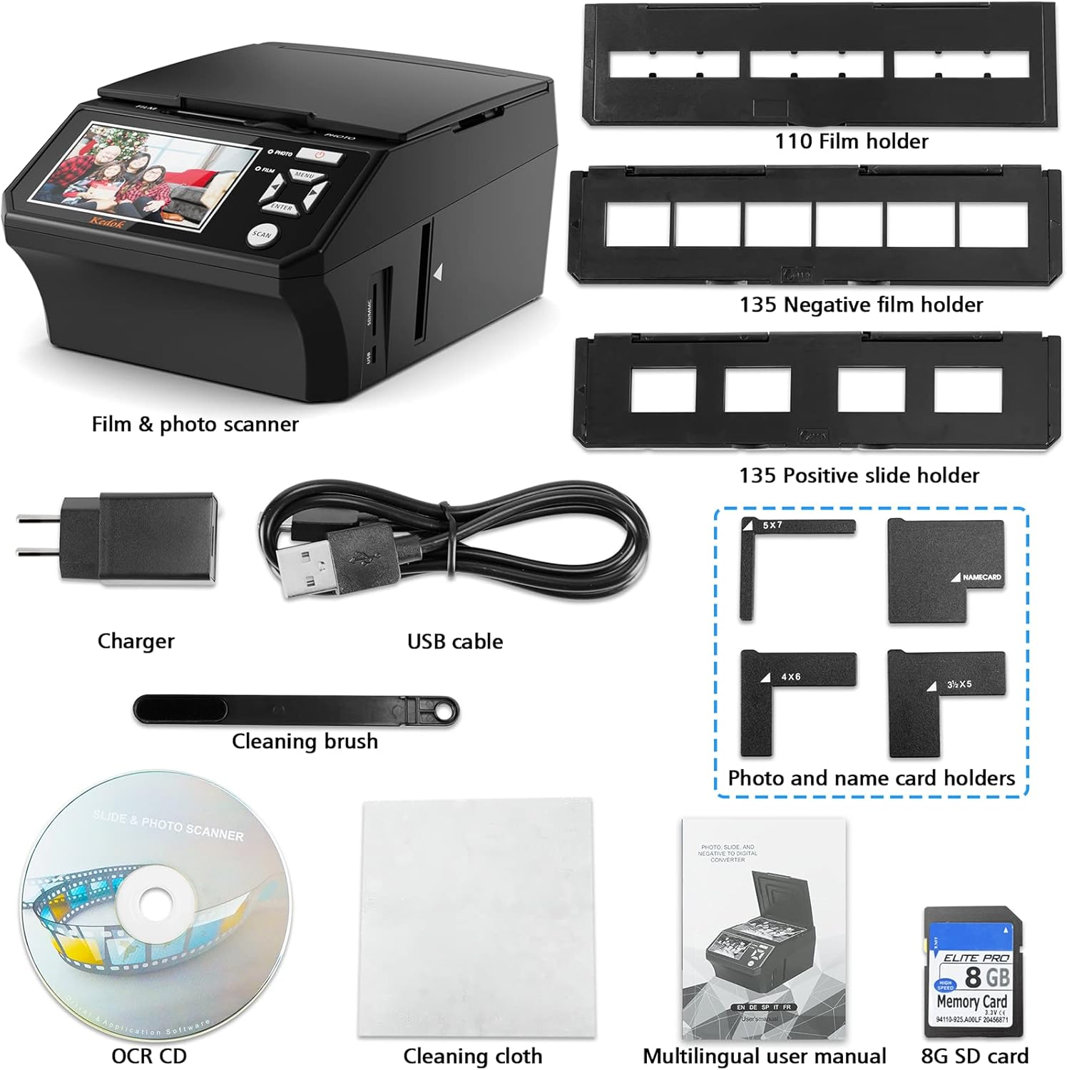 KEDOK Photo, Name Cards, Slides and Negatives Scanner with 5" Large LCD Screen, Film Digitizer and Slides - 35Mm Conversion, 110 Films/Photo (3R,