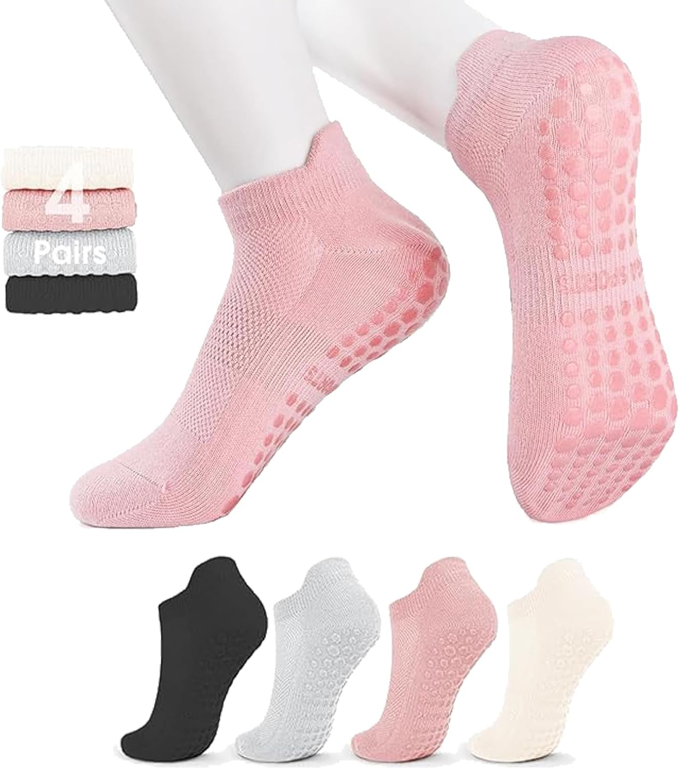 YQQZQ Pilates Socks with Grips for Women,Non-Slip Yoga Athletic Socks for Yoga Barre, Ballet, Barefoot Workout, Zumba,4 Pairs Mix Color image number 3