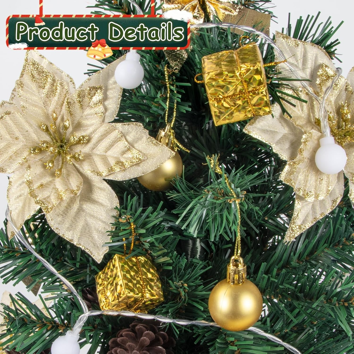 Ninonly 60CM Mini Christmas Tree with 20 LED Lights, Artificial Small Tabletop Flocked Christmas Tree with Star Tree Topper, Flower, Gift Box, Ball, Xmas Tree Decorations for Christmas Decor image number 4