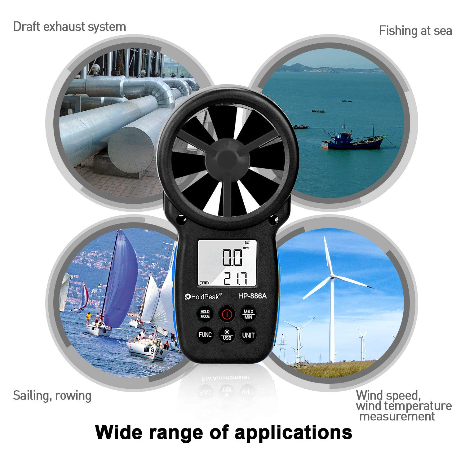 Digital Anemometer Handheld HVAC HP-866A Pro CFM Wind Speed Meter PC Connect Measures Wind Speed Temperature Dew Point Air Flow Meter with Data Hold & USB & Relative Humidity image number 1