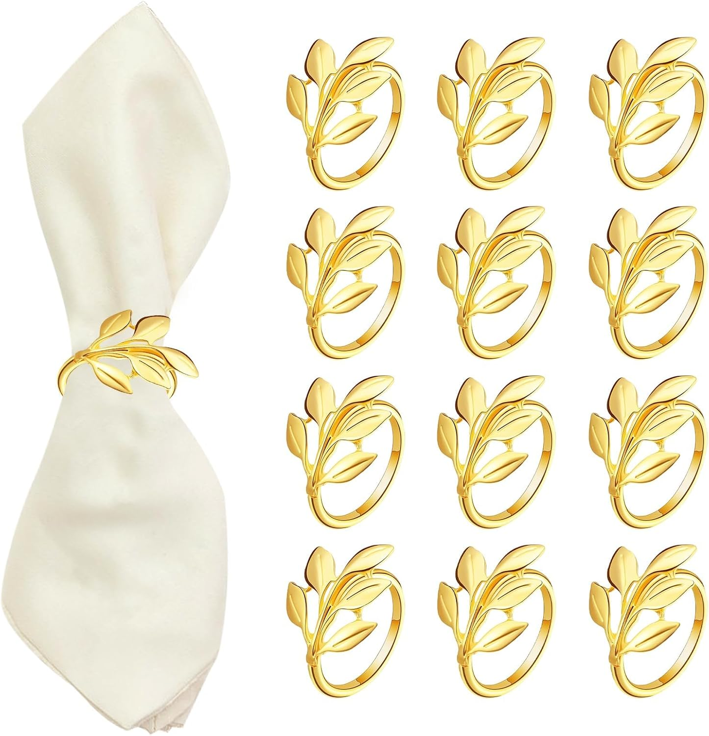 Gold Napkin Rings Set of 12 - Metal Leaf Fall Napkin Rings for Dinner Table Decor, Wedding, Kitchen, Banquet, Holiday, Everyday Party