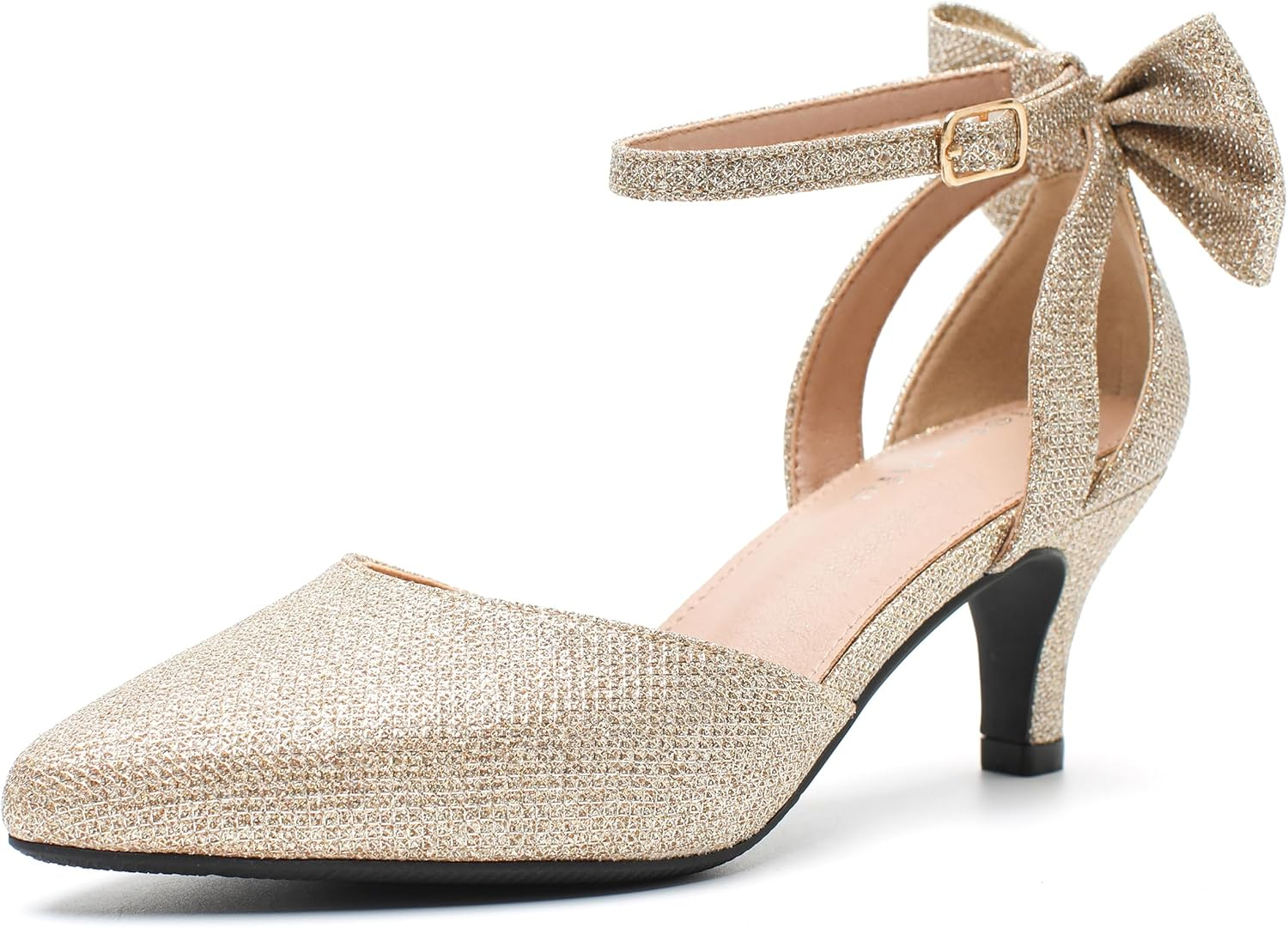 Women'S Wedding Evening Party Bow Kitten Heels Pumps Ankle Strap Buckle Dress Shoes