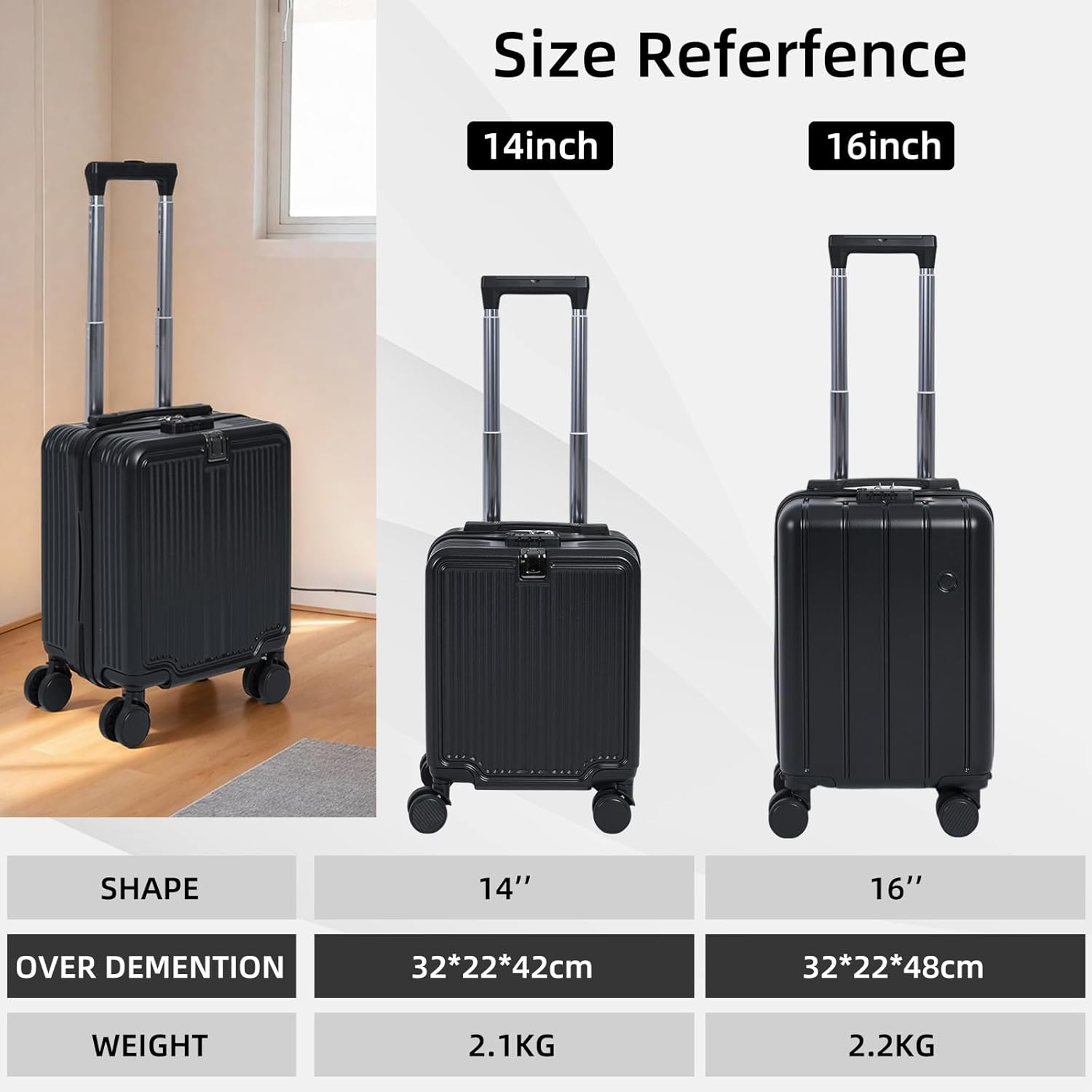 Yodolla 14" Carry-On Suitcase, Hard Shell Luggage with Phone Holder & Cup Holder, 25L Capacity, TSA Approved Lock, 360&deg; Spinner Wheels, Lightweight ABS, Perfect for Domestic Travel, Black image number 4