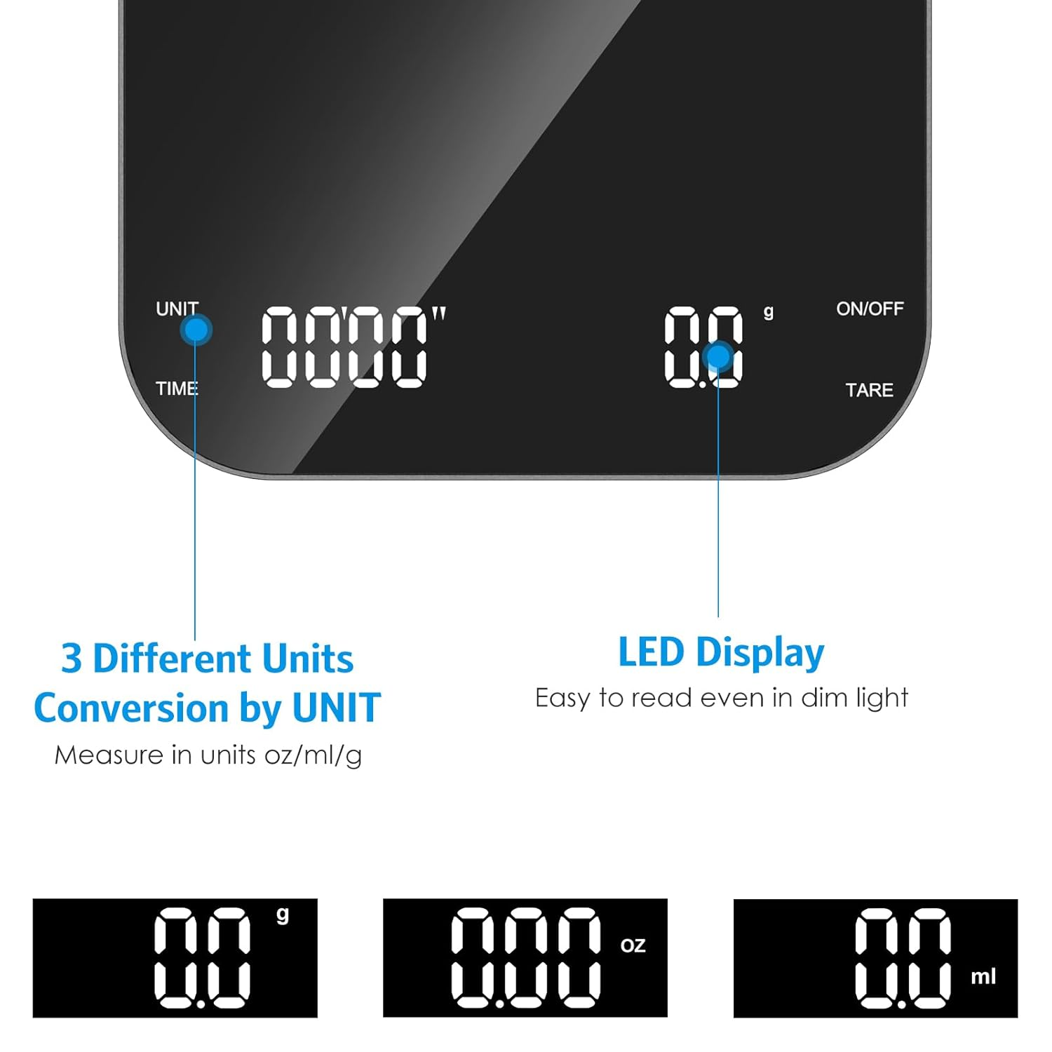AMIR Digital Coffee Scales with Timer, 3 Kg/0.1 G Rechargeable Espresso Coffee Scale, LED Display Espresso Scale with Tare Function, Temperature Resistant, Auto Shut Off, Units Conversiona