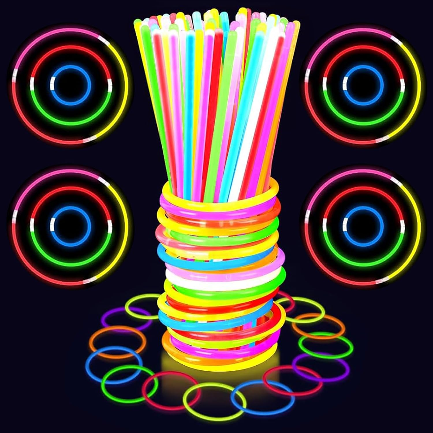 100 Ultra Bright Glow Sticks Bracelets and Necklaces with 100 Connectors - Premium Glow in the Dark Party Supplies and Decorations - Bulk 8" Glowsticks Easter, Christmas, Halloween Party Favors Pack image number 3