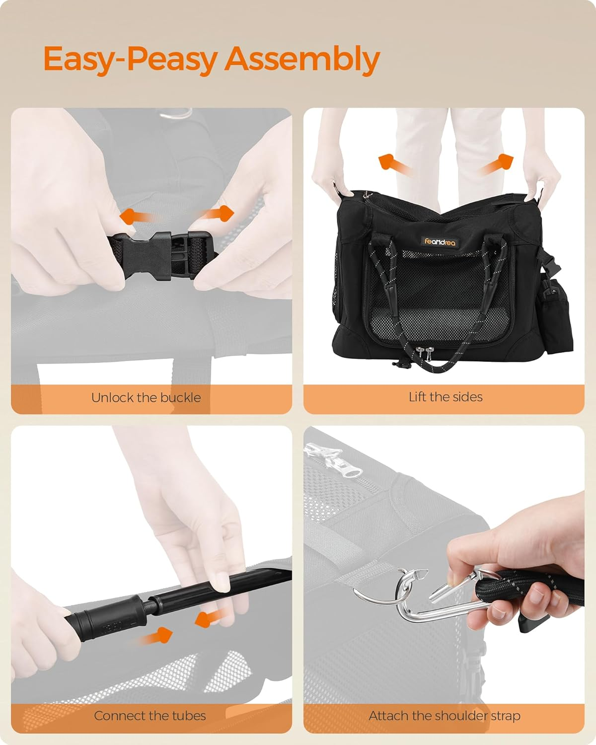 Feandrea Airline Approved Small Dog Carrier, Collapsible Pet Travel Carrier, Size S, with Metal Frame, Leash, Pocket, for Cats and Small Dogs up to 13 Lb, 17 X 12 X 12 Inches, Classic Black UPDC004B01 image number 5