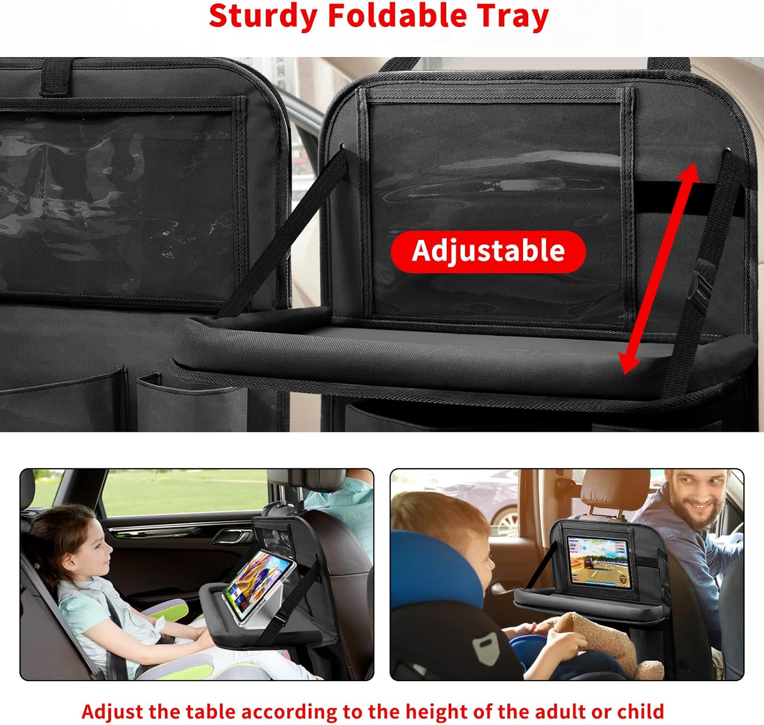 Etre Jeune Car Backseat Organizer with Tablet Holder, 6 Storage Pockets Foldable Table Tray Seat Back Protectors Kick Mats Travel Accessories, 2 Pack Black - Grey image number 4