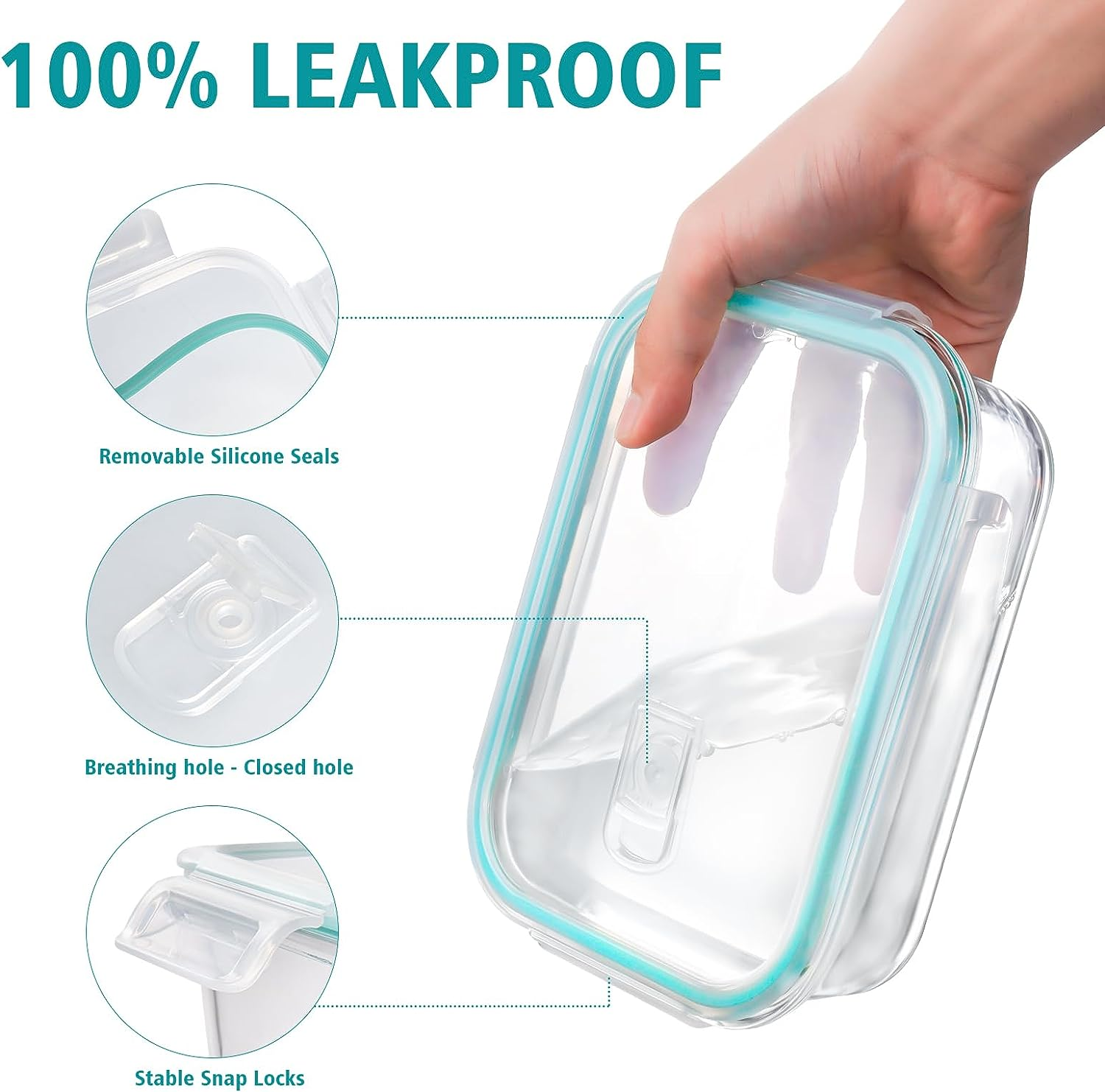 Feshory 5 Pack 1040ML Airtight Glass Food Storage Containers with Lids - Glass Meal Prep Food Containers, Lunch Box Safe for Microwave, Freezer, Dishwasher Kitchen Storage & Organisation image number 2