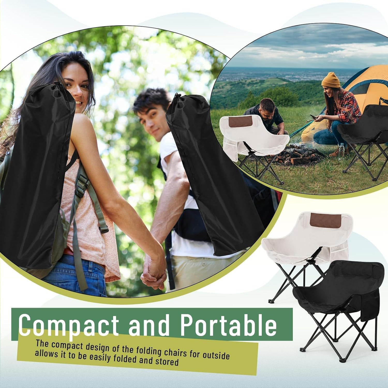 XICEN Portable Folding Camping Chair for Adult, Lightweight Outdoor Chair with Carry Bag, Travel Picnic Hiking Load Folding Chairs for Outside, Garden Beach Chair Oversized with Storage Bag, White - Black image number 2
