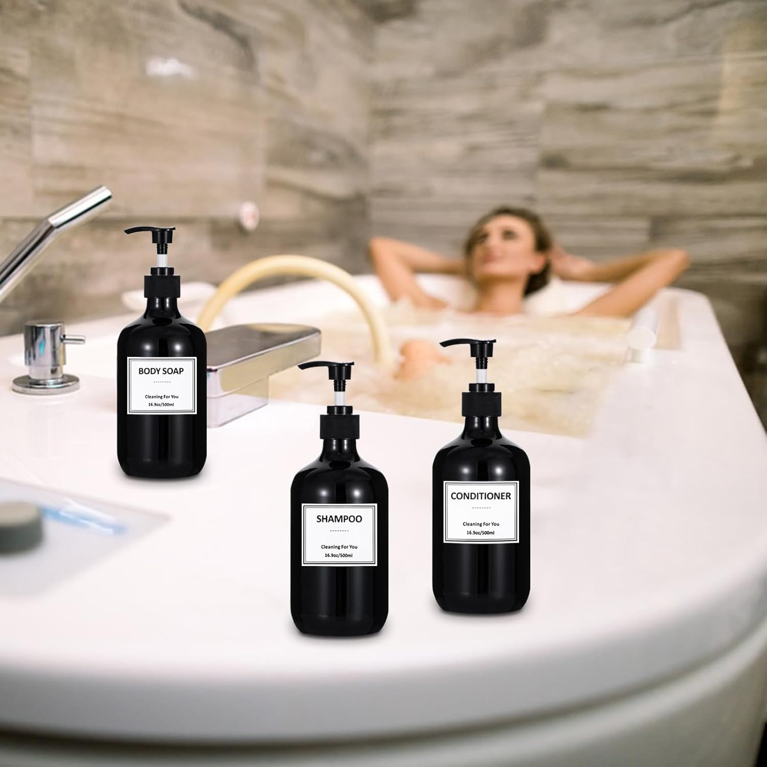 Yeeco 16.9Oz/500Ml Hand Soap Dispenser, Plastic Pump Bottles Dispenser with Waterproof Labels, Shampoo and Conditioner Dispenser for Liquid Soap, Kitchen, Bathroom, Commercial (3 Pack Black)