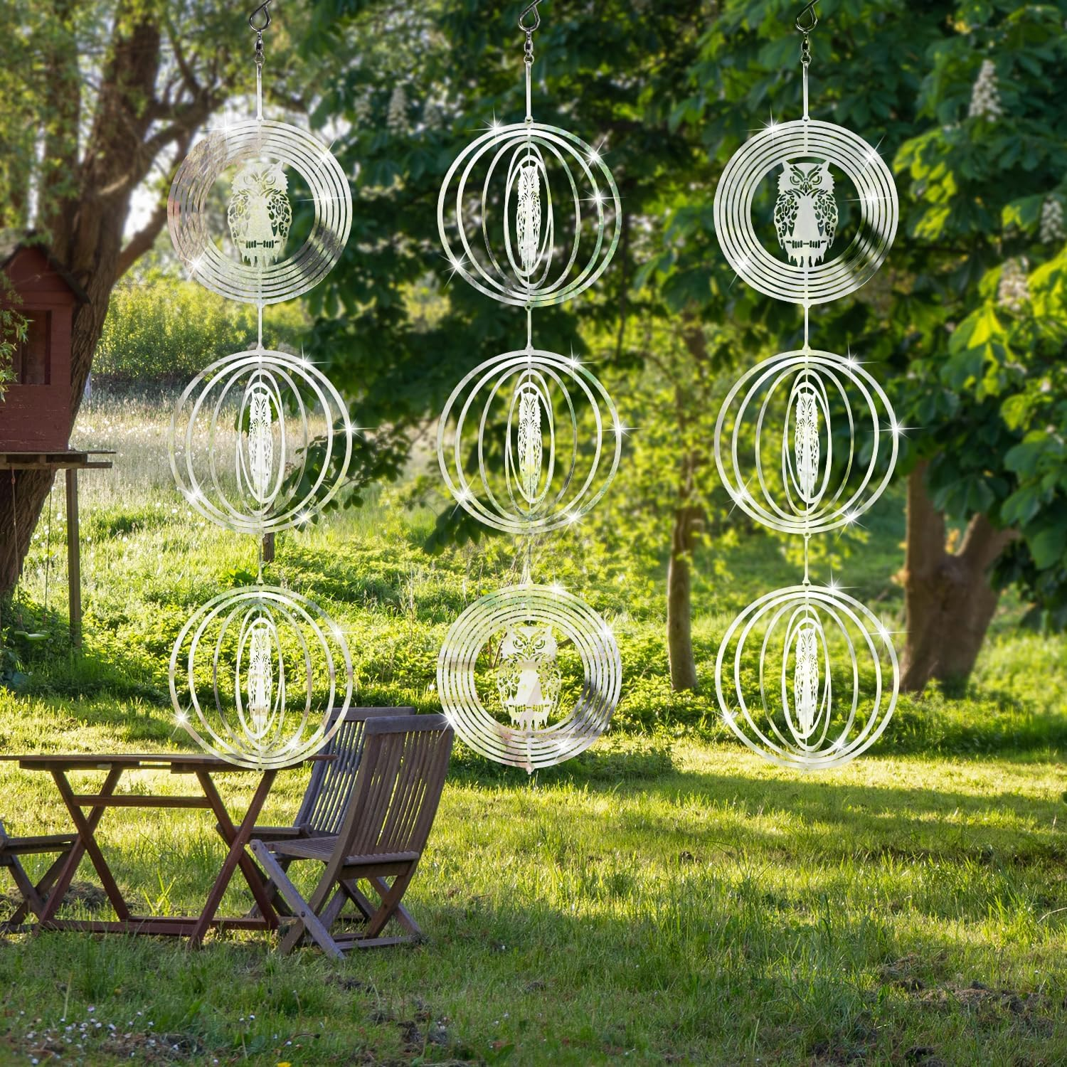 3Pcs Owl Bird Bird Reflective Discs Set, Stainless Steel Disc Highly Reflective Double-Sided Bird Reflectors Metal Wind Spinner Birds Away from Garden Yard Decor image number 4