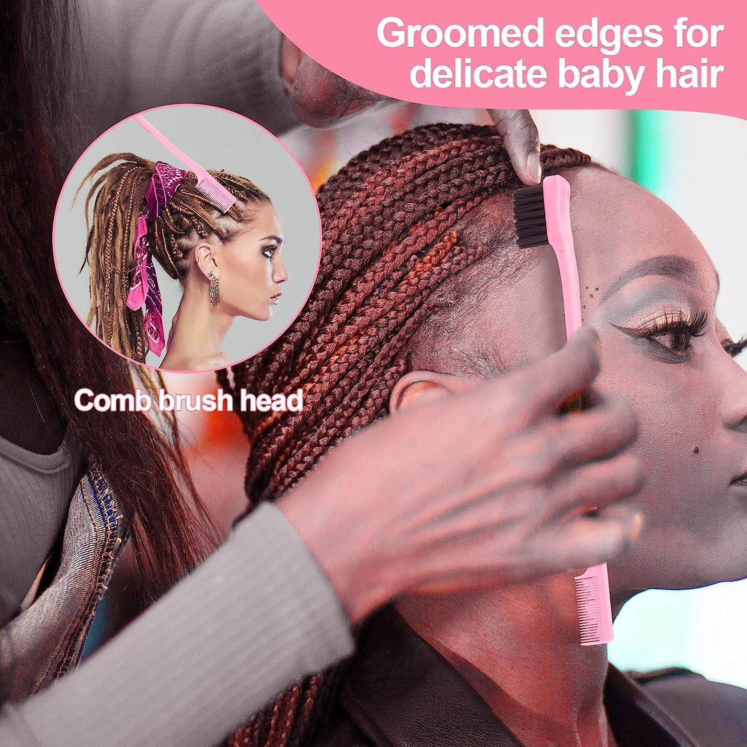 Hair Accessories Comb Set 3Pcs, Tail Comb for Parting Hair, Teasing Comb for Add Volume Fullness, Edge Brush for Edge Control (Pink, One Size) image number 4