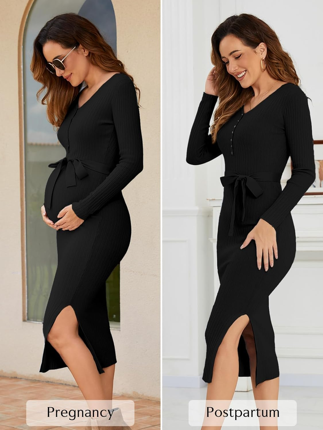Ecavus Women'S Long Sleeve Maternity Sweater Dress for Baby Shower V Neck Slit Maternity Photoshoot Dress with Belt image number 1