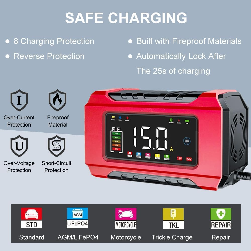 Battery Charger 15-Amp - Trickle Charger Car Battery Charger AU Plug: 12V 24V Lifepo4 Lead Acid 9-Stage Trickle Charger Battery Maintainer W/Temp Compensation for Car Truck Lawn Mower Boat Marine image number 6