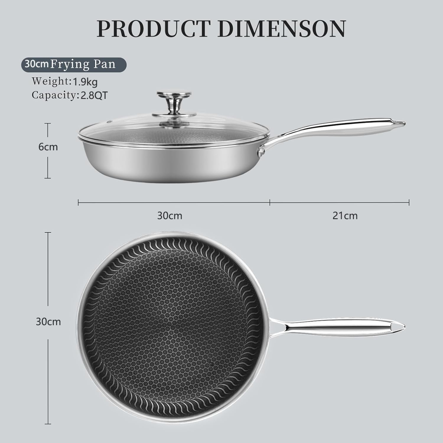 Stainless Steel Frying Pan Nonstick Frying Pan with Lid 12 Inch/30Cm Honeycomb Stainless Steel Skillet Woks Pan for Gas Electric Induction Ceramic Stoves and Oven