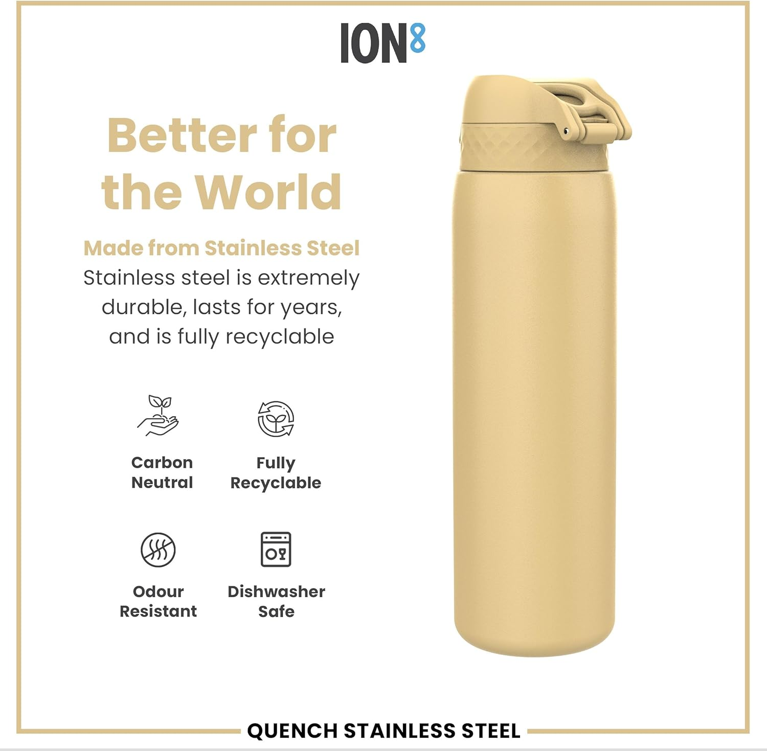 ION8 1 Litre Lightweight Stainless Steel Drinking Bottle, Non-Insulated, Leak-Proof, One-Hand Opening, Secure Locking, Dishwasher Safe, Flip Lid, Carry Handle, Easy to Clean, Desert - Cream White image number 4