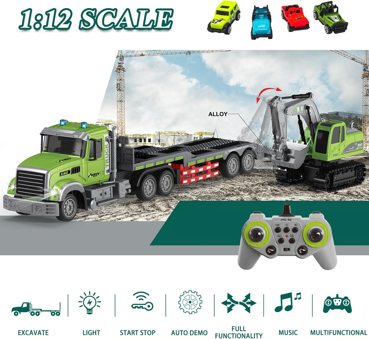 Fistone RC Semi Truck & Excavator Toy Set, 1:12 Remote Control Semi-Trailer with Sound and Lights, 2.4Ghz Flatbed with Excavator, Construction Vehicles for Boys 6-12 Years Old image number 2